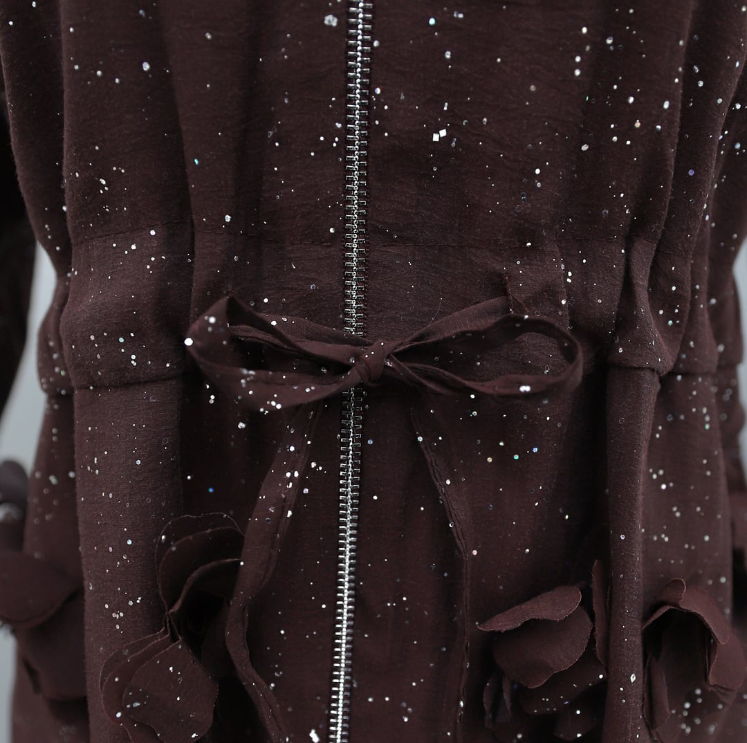 Burgundy Speckled Sequin Drawstring Waist Balloon Sleeve Zip Jacket - Podyumplus - by Peralane - photo 9