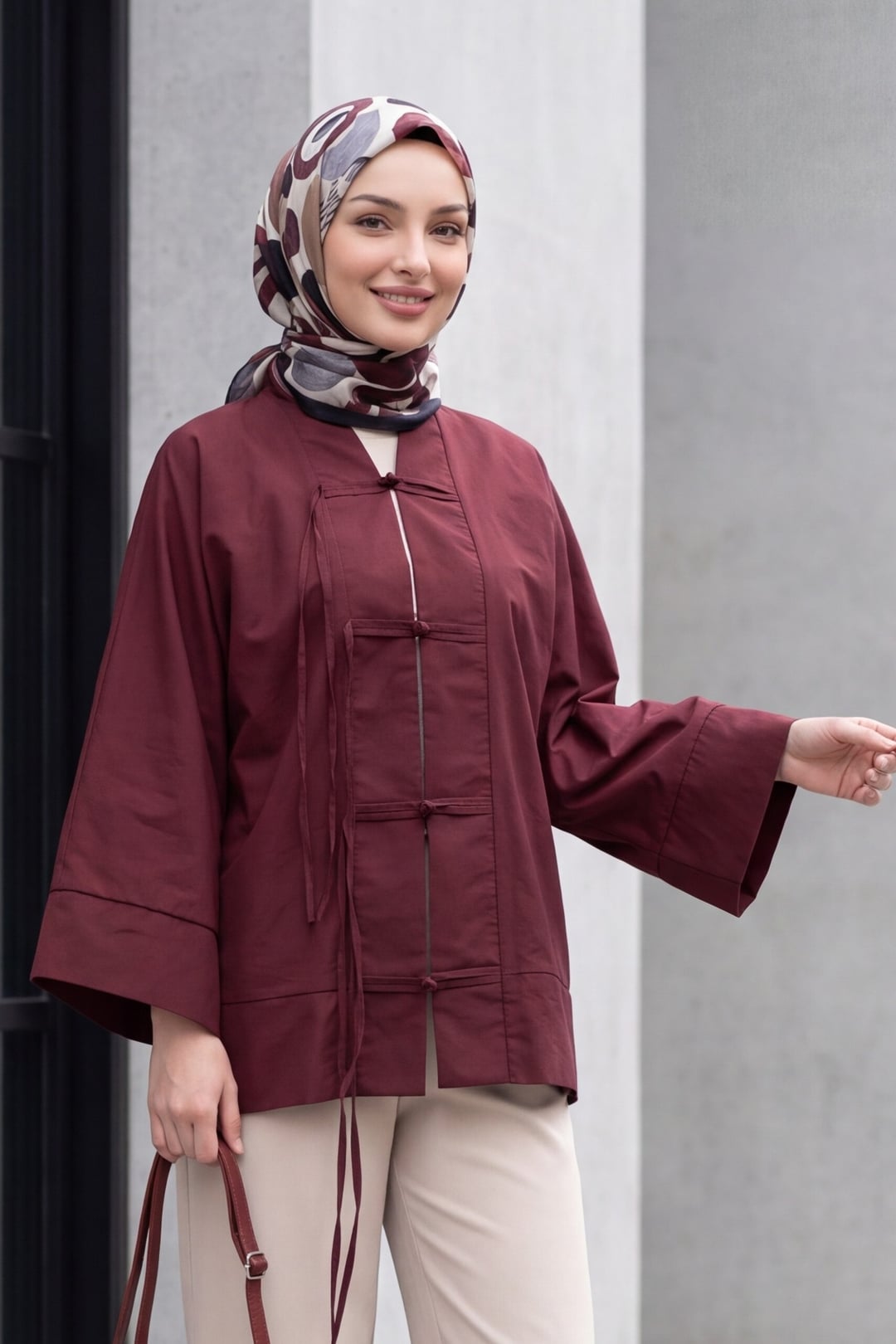 Chinese Knot Closure Mandarin Collar Parachute Kimono - Wine - Podyumplus - by Peralane - photo 4