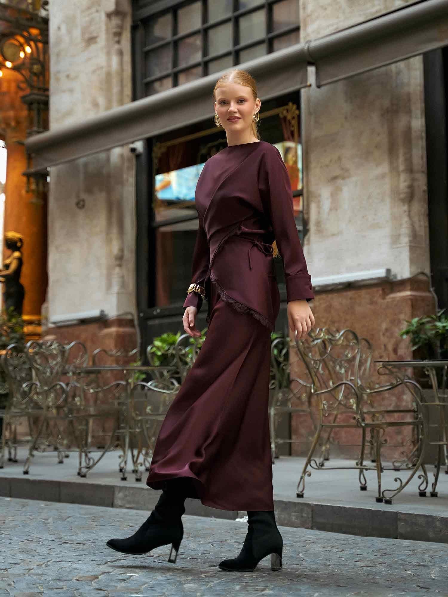 Ruffled Satin Evening Dress with Asymmetric Neckline - Lefon - by Peralane - photo 5