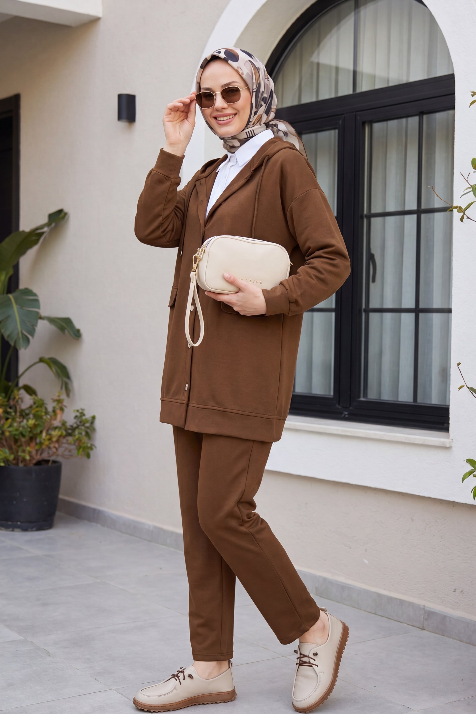 Hooded Button-Front Pocket Lounge Set - Tan - Podyumplus - by Peralane - photo 2