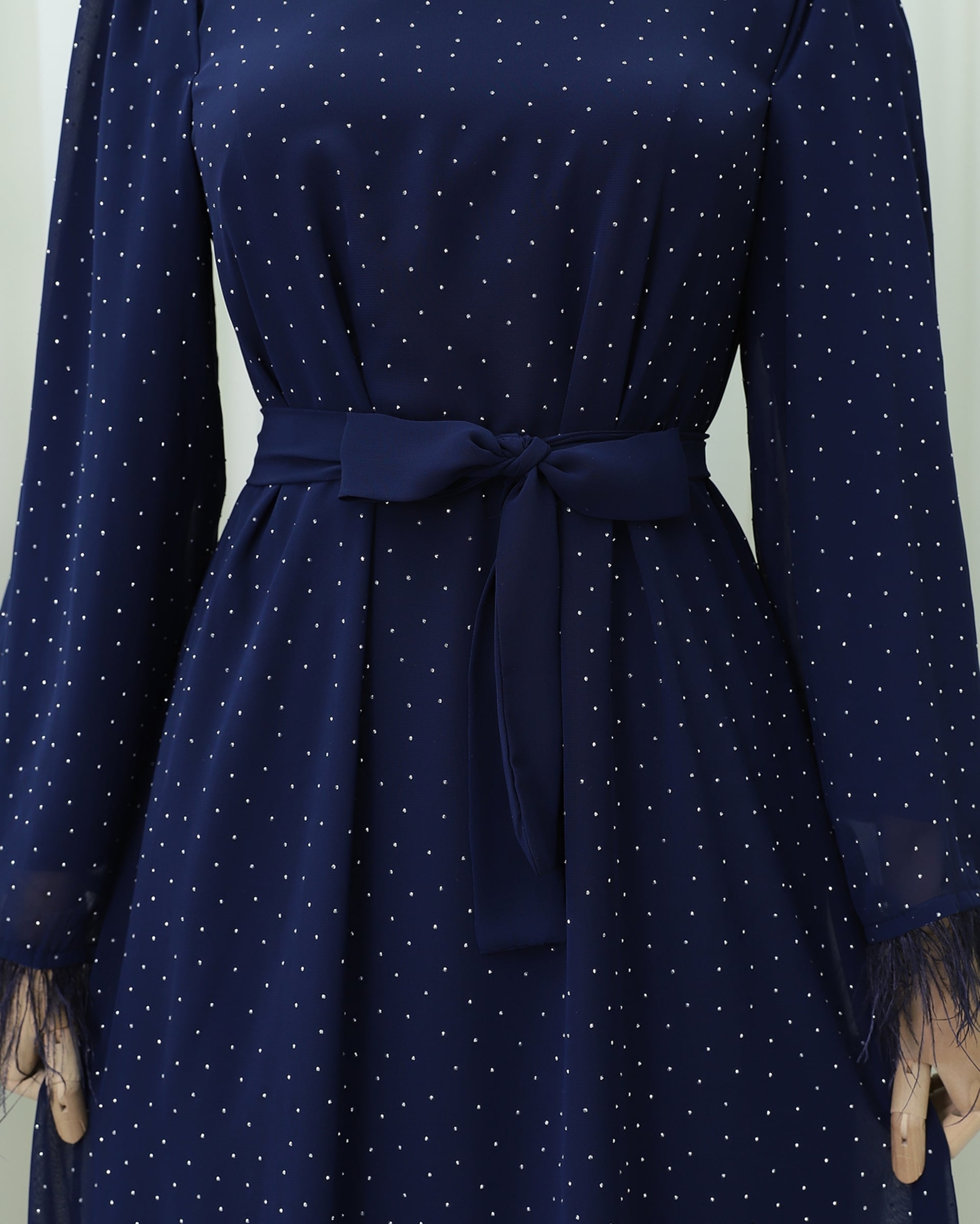 Feathered Sleeve Embellished Belted Dress - Navy - Podyumplus - by Peralane - photo 4