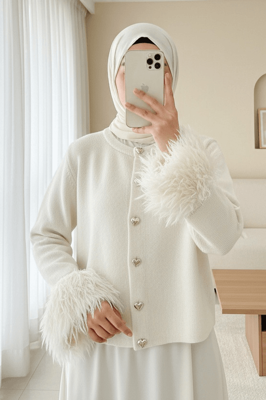 Heart Button Trimmed Knit Cardigan with Fringed Cuffs - Beige - Podyumplus - by Peralane