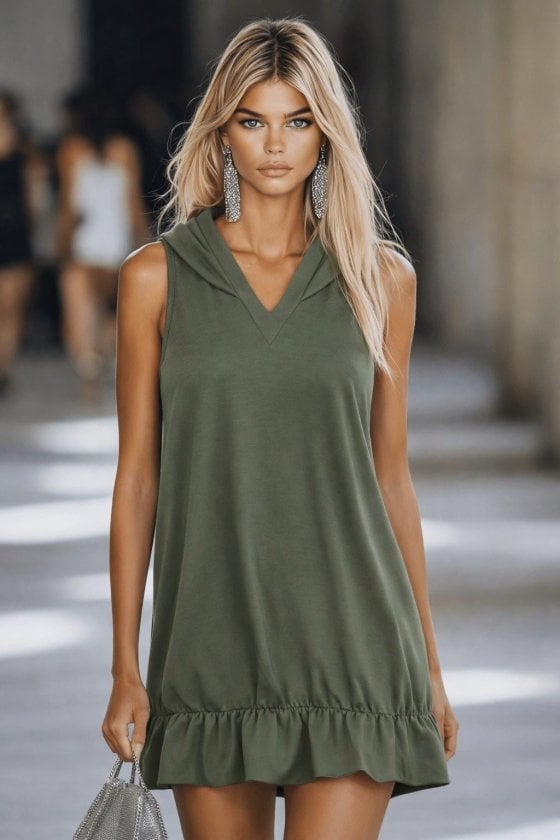Women's Hooded Modal Dress with Open Shoulders and Ruffled Hem, Olive Green - Janes - by Peralane - photo 3