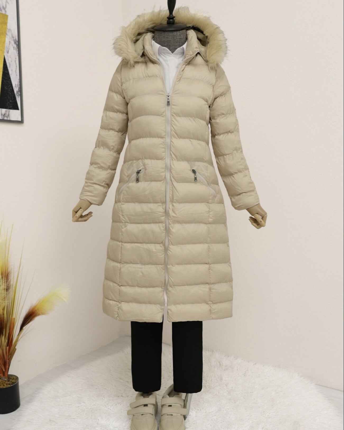 Women's Puffer Coat with Detachable Hood and Faux Fur Trim - Stone - Podyumplus - by Peralane - photo 3