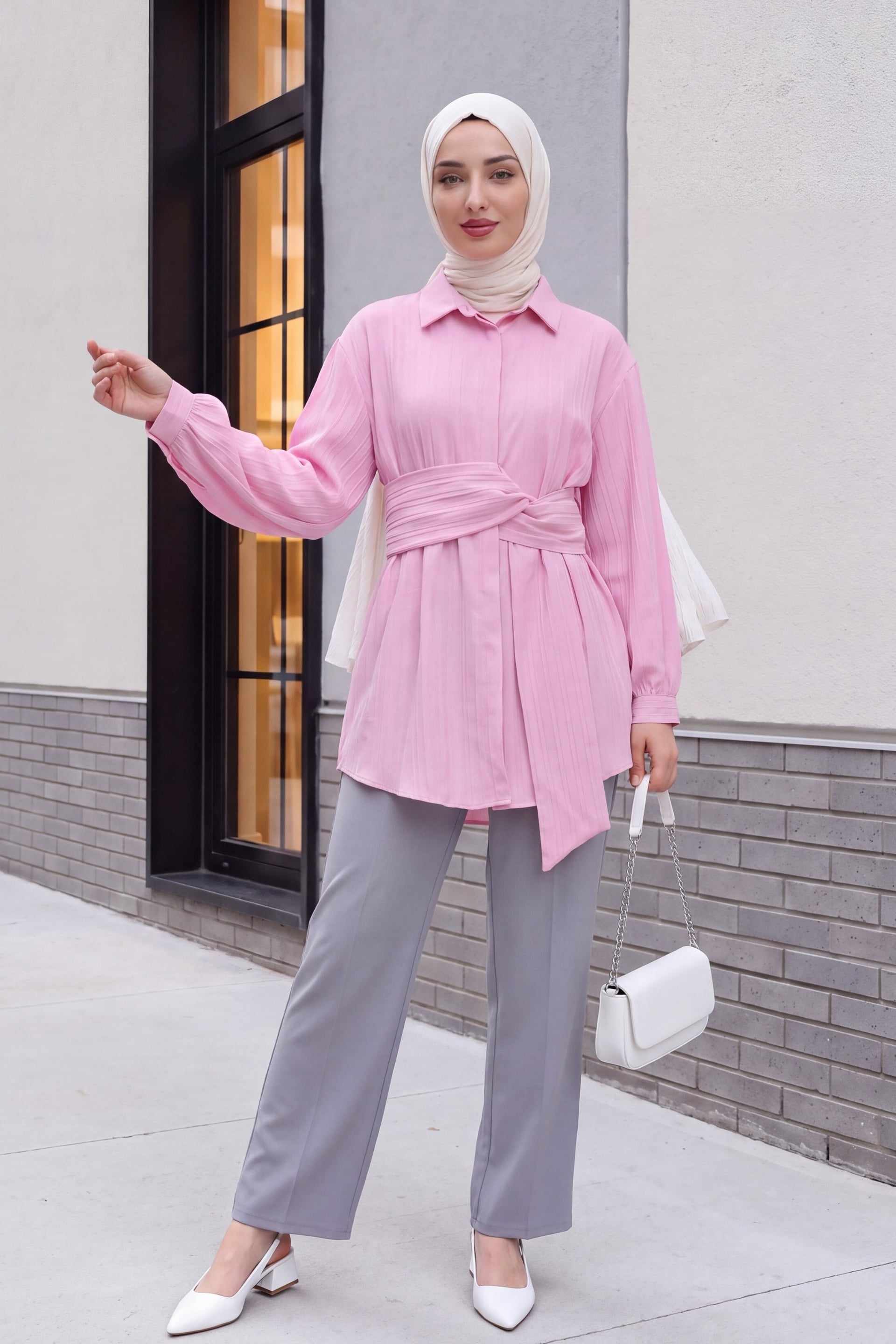 Pink Crinkle Corduroy Waist-Tie Shirt - Podyumplus - by Peralane - photo 4