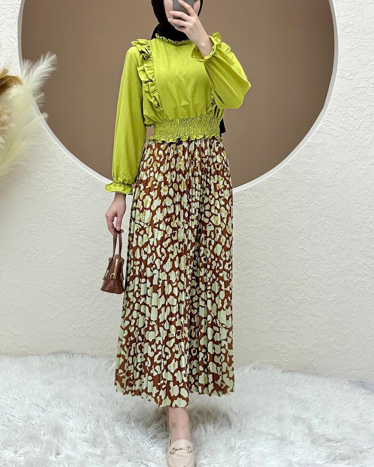 Women's Pleated Digital Print Midi Skirt - Tan - Podyumplus - by Peralane - photo 4