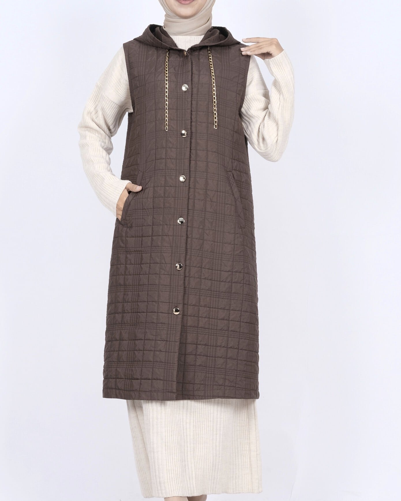Hooded Quilted Vest with Chain Detail and Pockets - Dark Brown - Podyumplus - by Peralane - photo 3