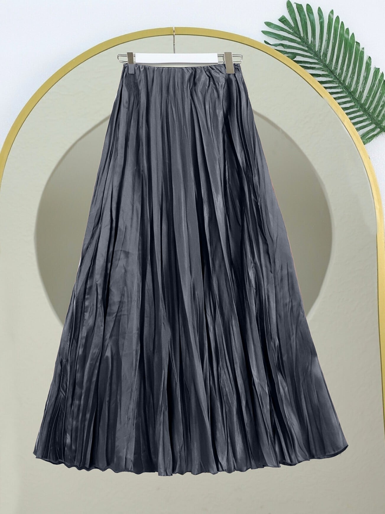 Elasticated Waist Satin Pleated Skirt - Dark Grey - Podyumplus - by Peralane