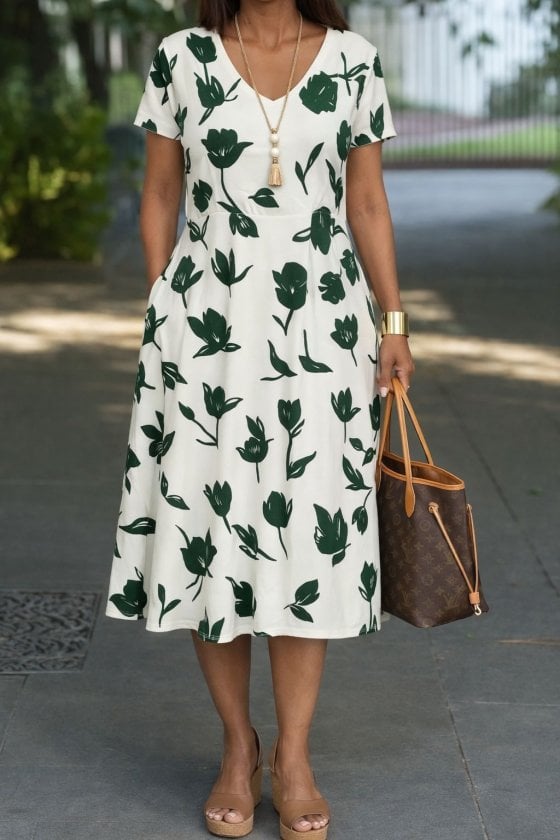 Women's Short-Sleeve V-Neck Floral Print Cotton Dress with Pockets - Janes - by Peralane