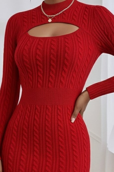 Women's Red Long-Sleeve Mock Neck Cable-Knit Mini Dress with Chest Cutout - Janes - by Peralane - photo 2