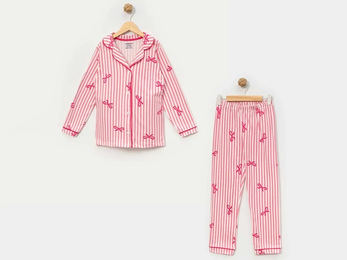 Girls' Striped Pyjama Set with Collar and Buttons - Dolas - by Peralane