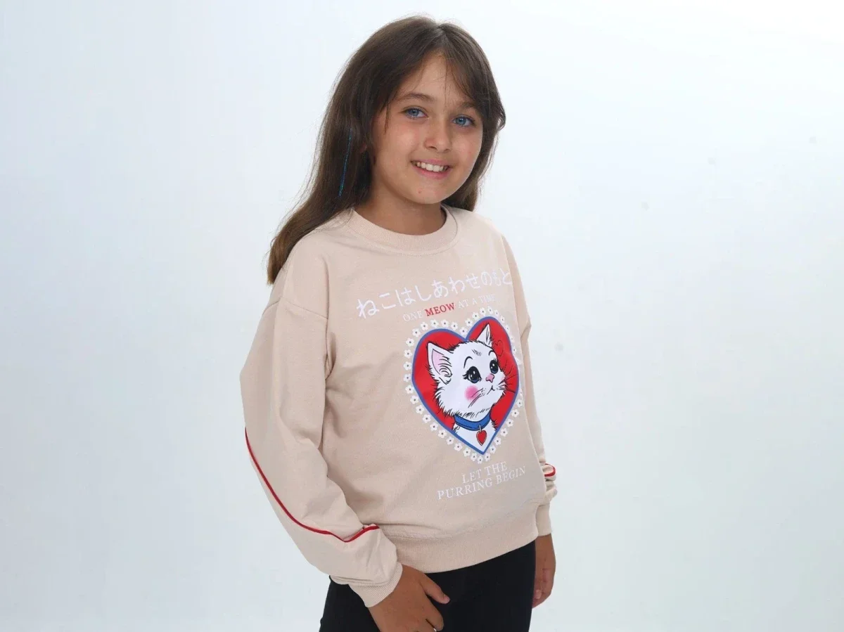 Girls' Cat Print Sweatshirt - Beige - Vizviz - by Peralane
