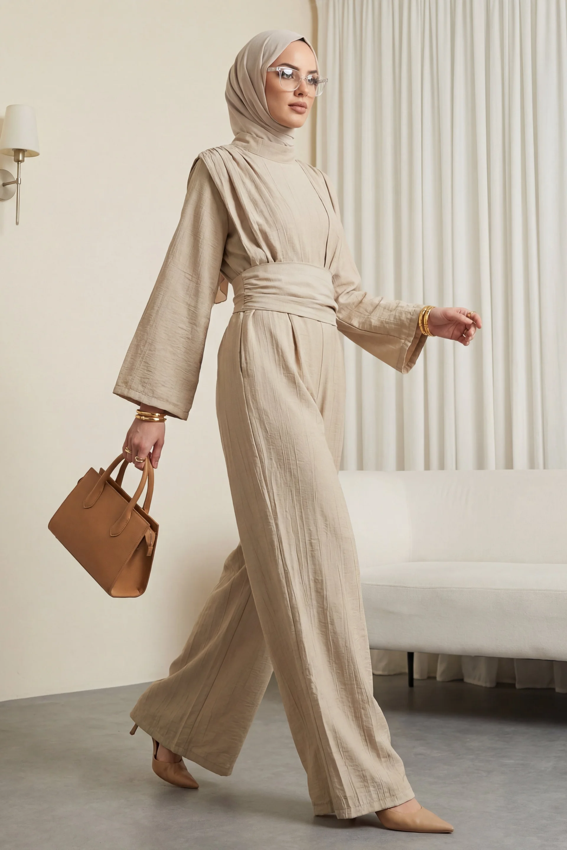 High Neck Pleated Detail Pocketed Belted Jumpsuit - Beige - Podyumplus - by Peralane - photo 5