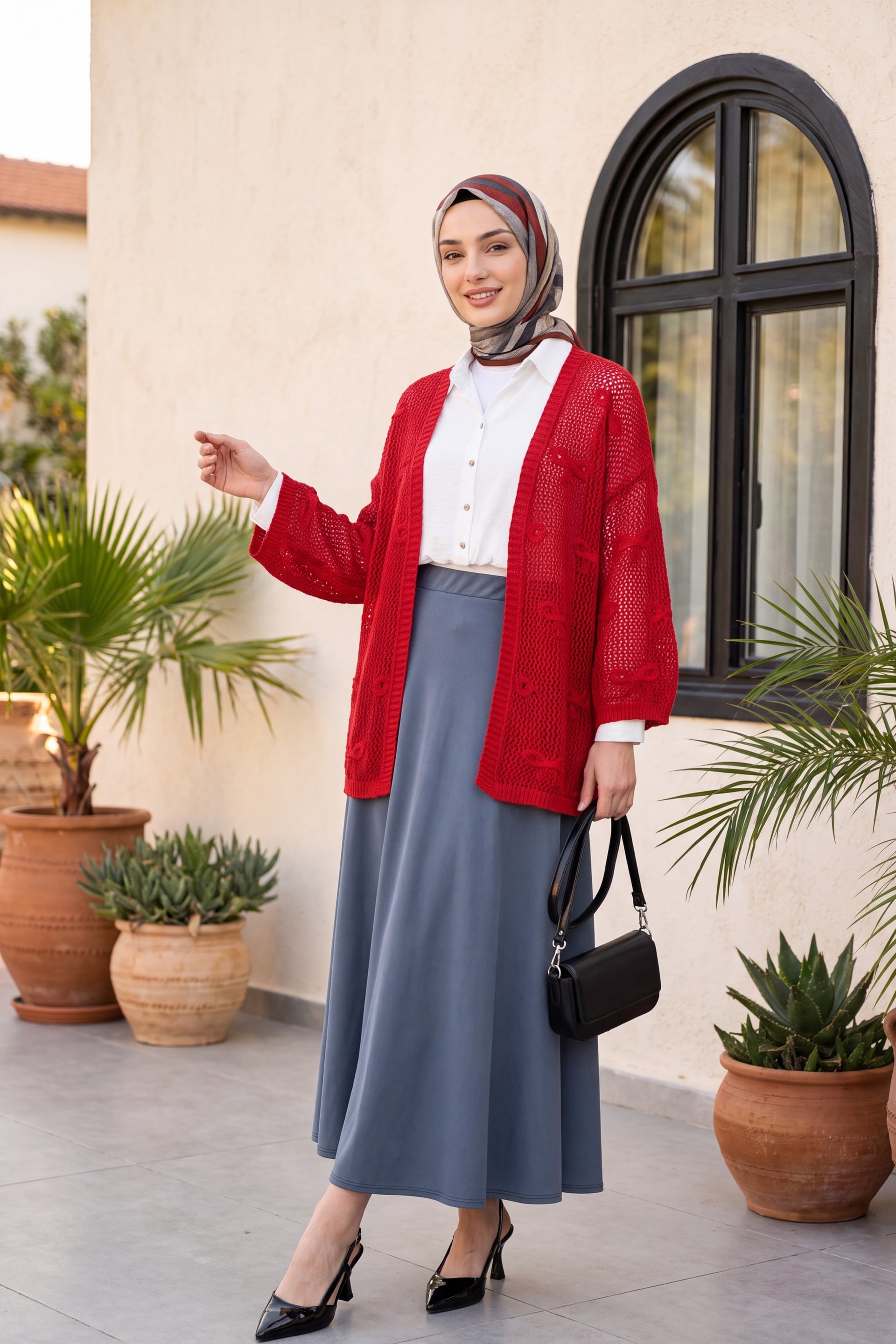 Red Bow Pattern Open-Knit Cardigan - Podyumplus - by Peralane - photo 2