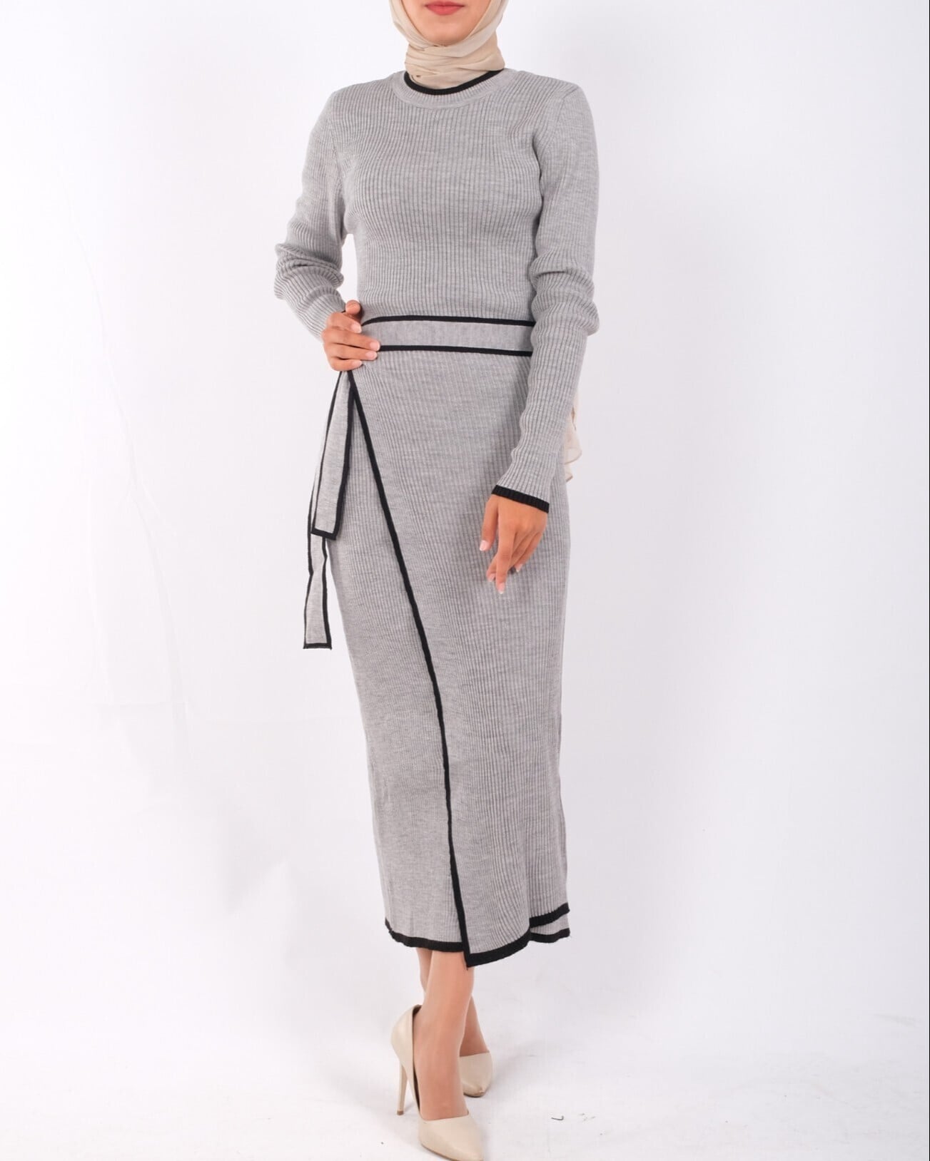 Grey Ribbed Knit Midi Dress with Wrap Skirt and Self-Tie Belt - Podyumplus - by Peralane - photo 3