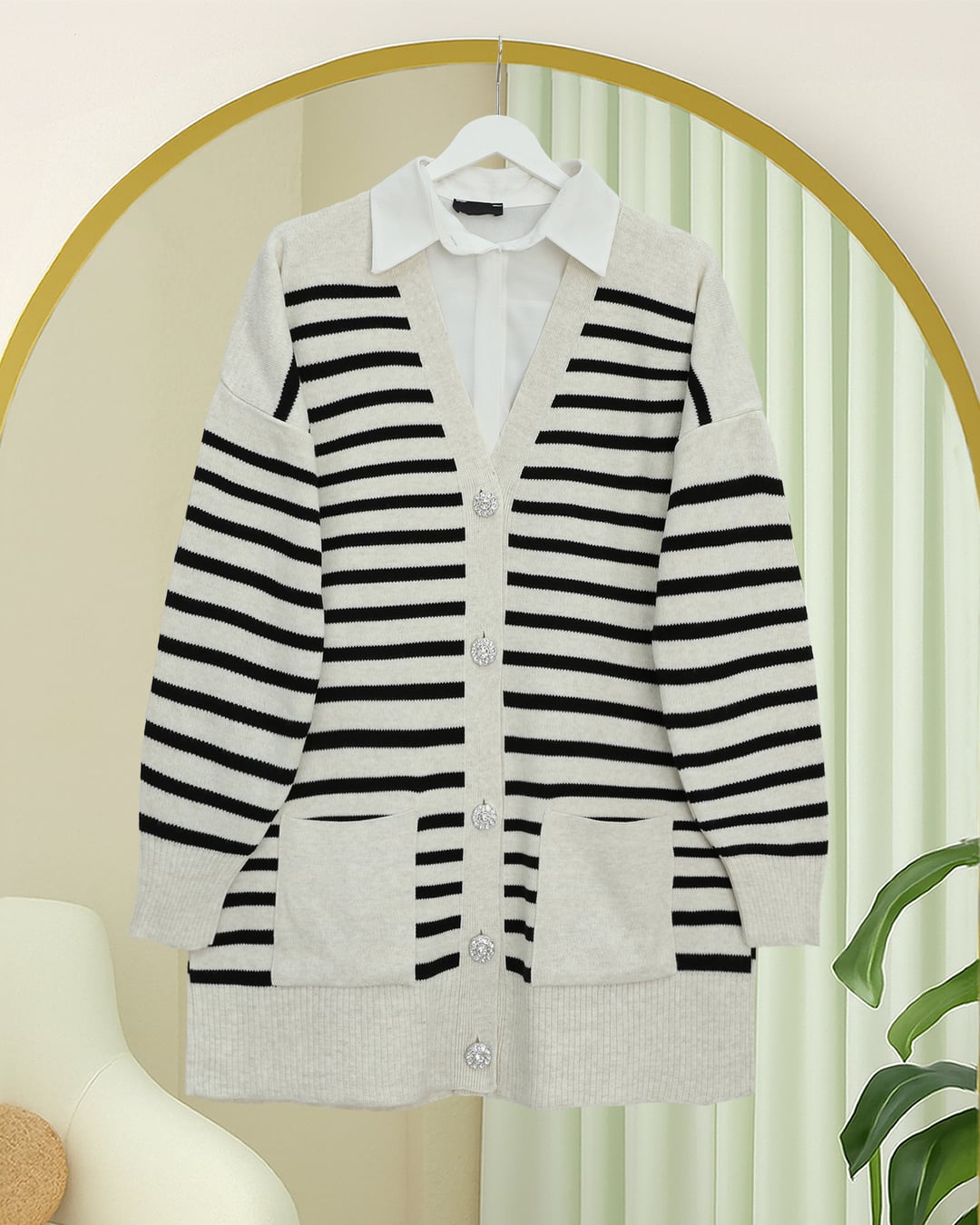 Double Pocket Striped Knit Cardigan - Stone - Podyumplus - by Peralane - photo 3