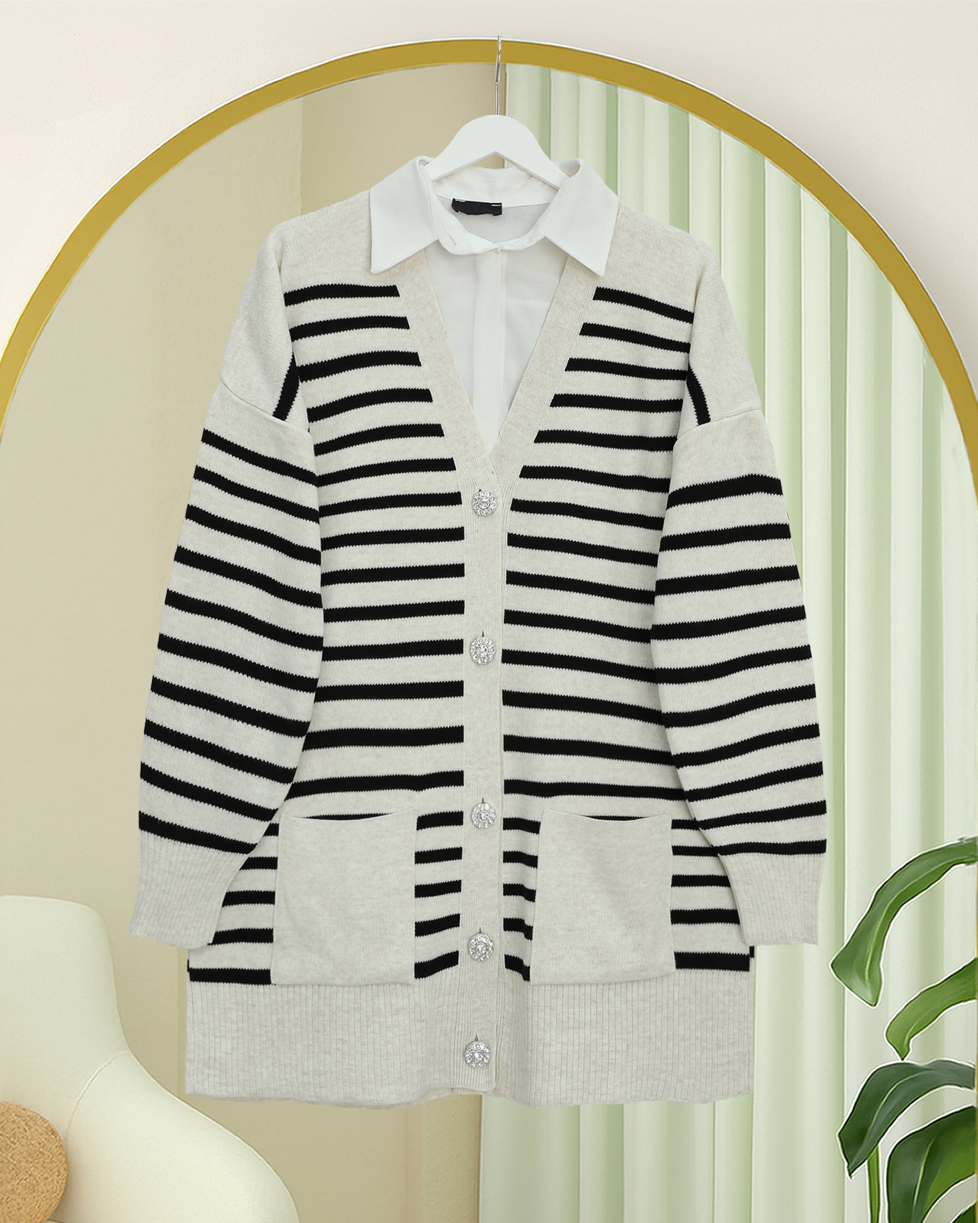 Double Pocket Striped Knit Cardigan - Stone - Podyumplus - by Peralane - photo 3