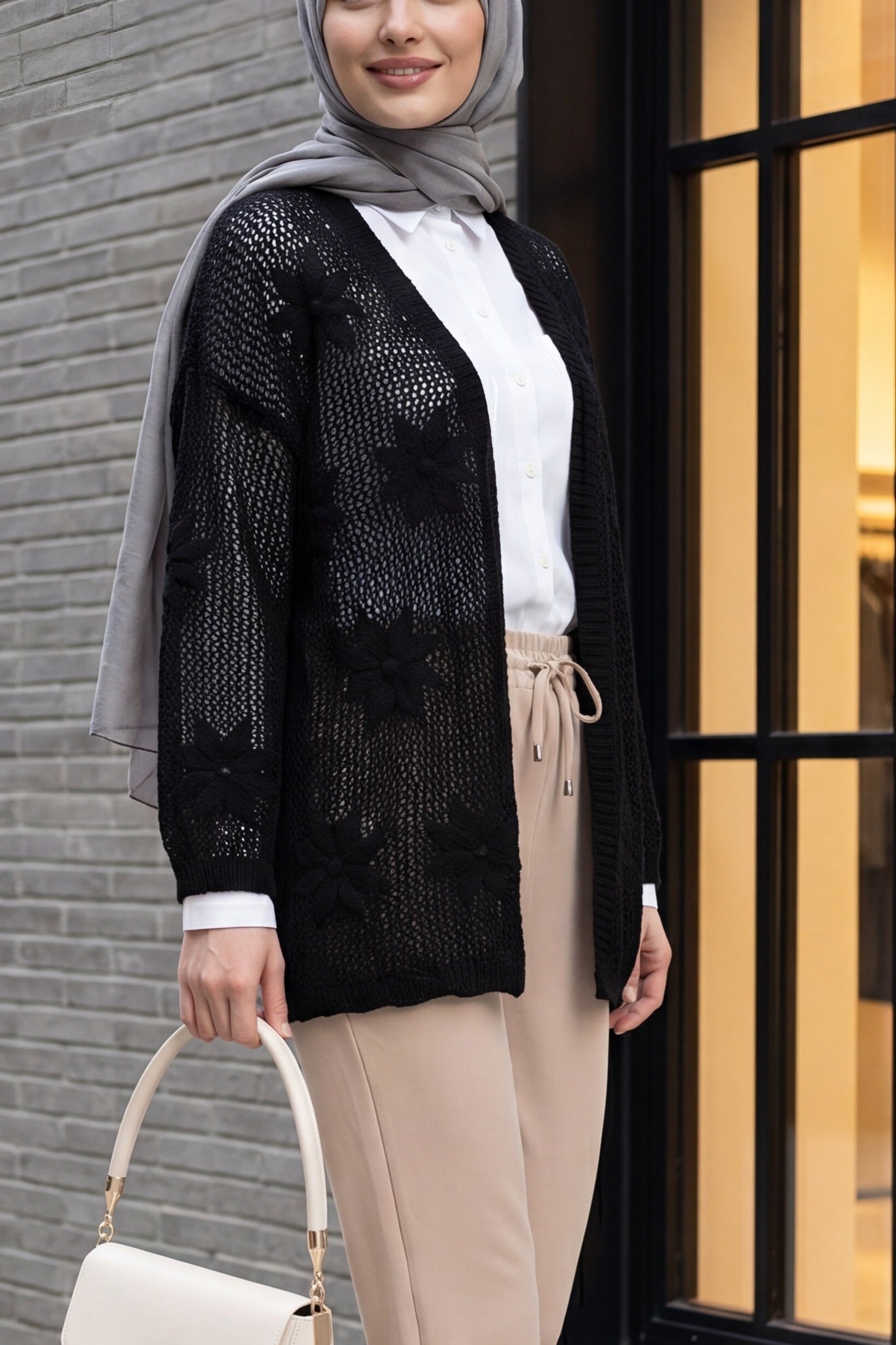 Black Floral Detail Openwork Knit Cardigan - Podyumplus - by Peralane - photo 3