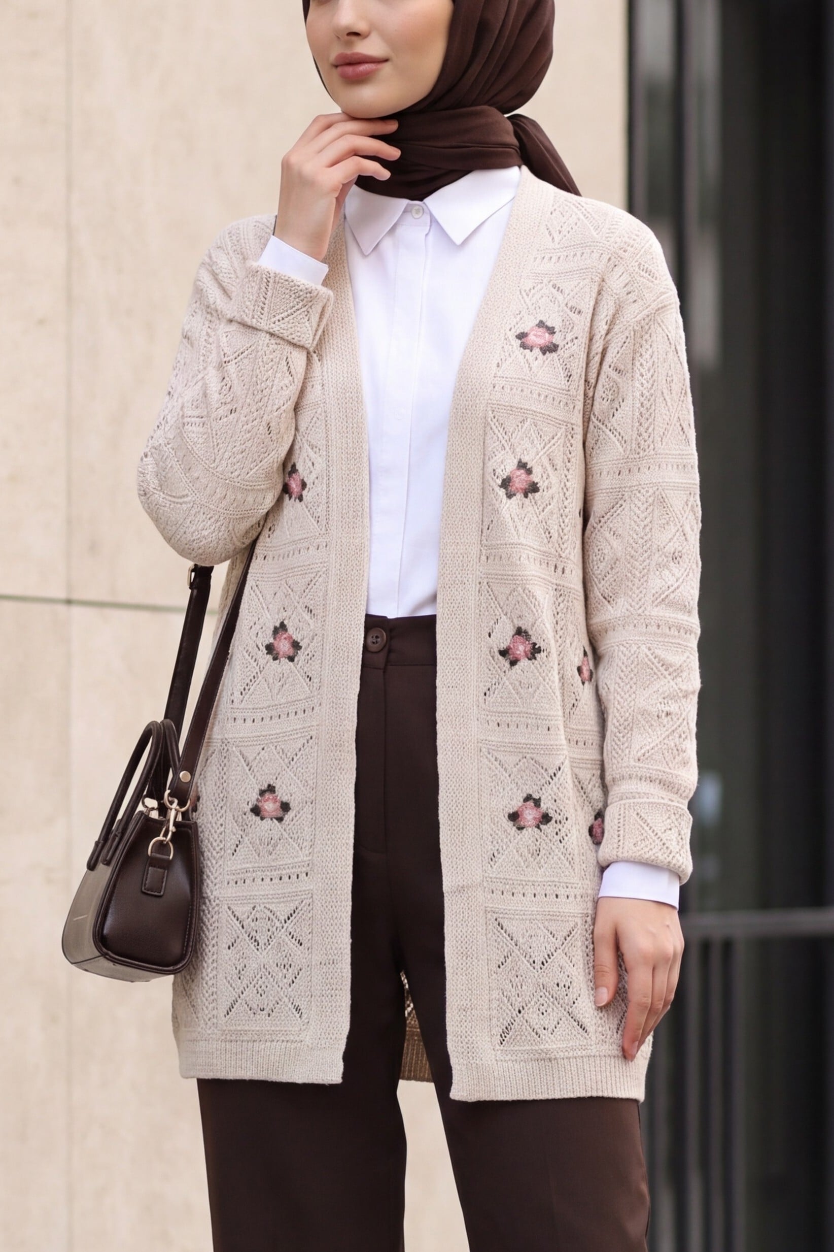 Openwork Floral Embroidered Cardigan - Stone - Podyumplus - by Peralane