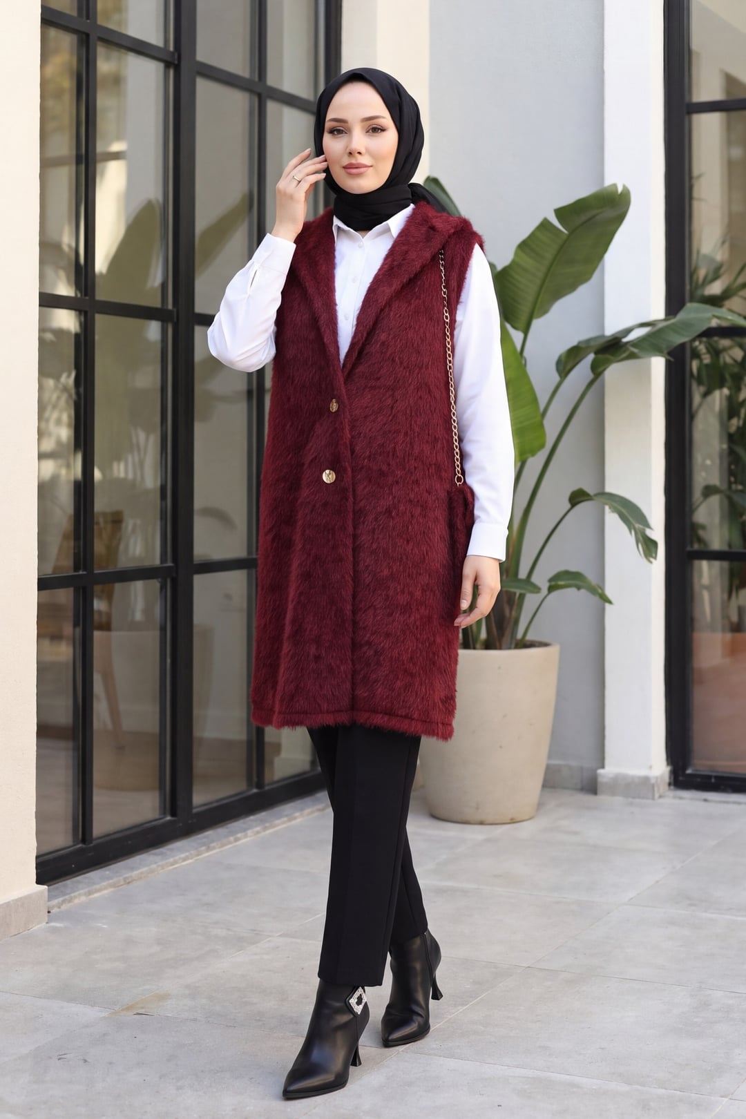 Burgundy Faux Fur Shaggy Vest with Bag Accessory and Lapel Collar - Podyumplus - by Peralane - photo 3
