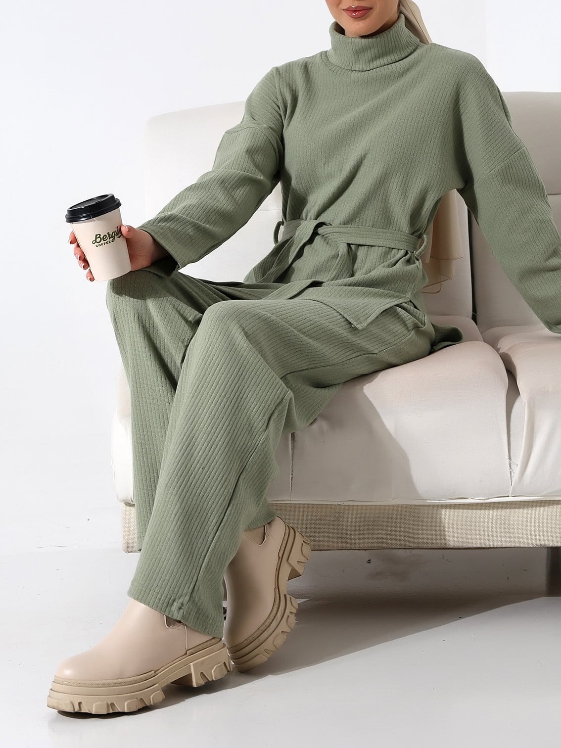 Half Turtleneck Ribbed Knit Lounge Set with Belt - Sage Green - Podyumplus - by Peralane - photo 2