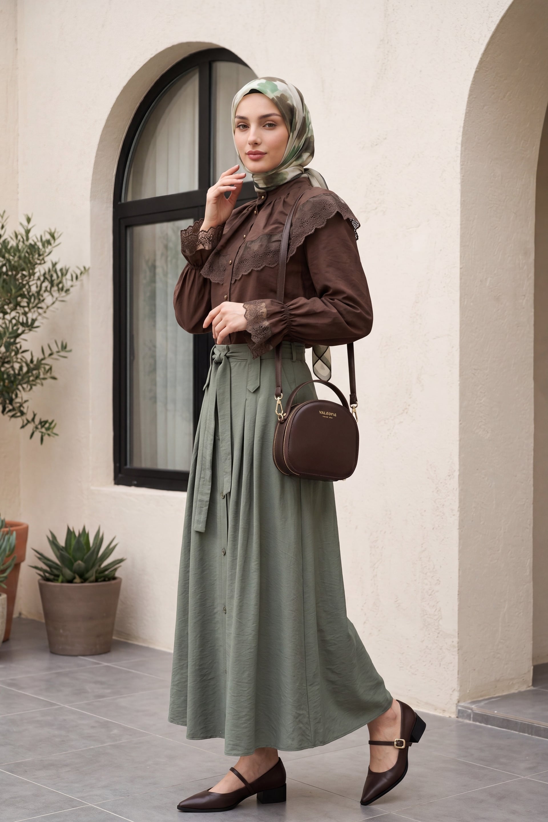High Collar Long-Sleeve Modal Blouse with Lace Trim and Button Front - Dark Brown - Podyumplus - by Peralane - photo 7