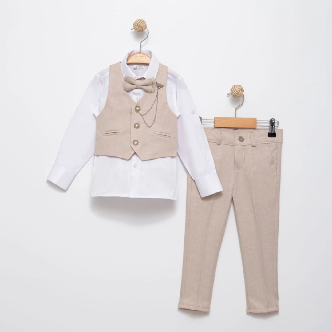 Bukhara Fabric Vest Set 4-Piece Boys' Suit - Beige - Terry - by Peralane