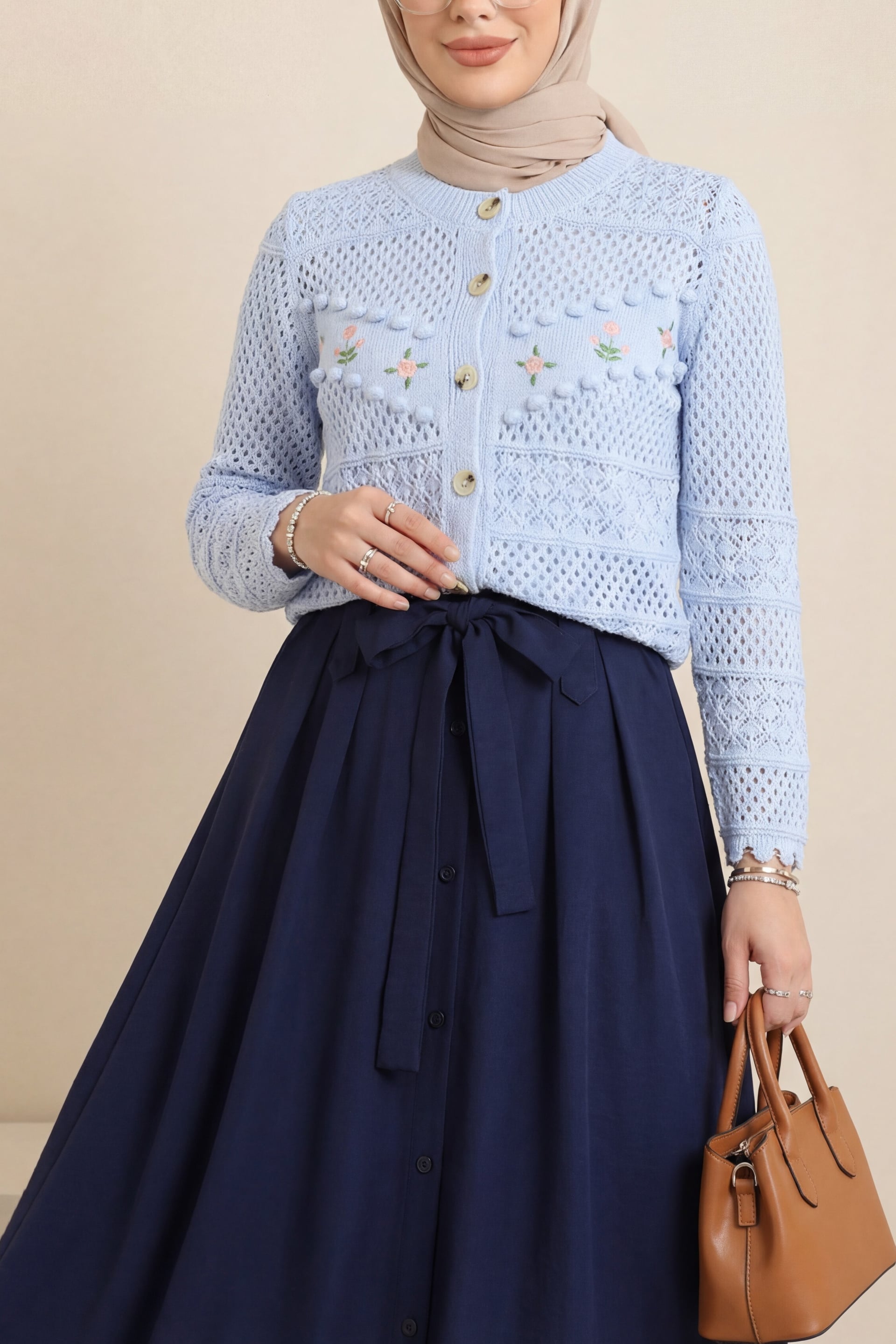 Flower Embroidered Pom-Pom Button Knit Cardigan - Baby Blue - Podyumplus - by Peralane