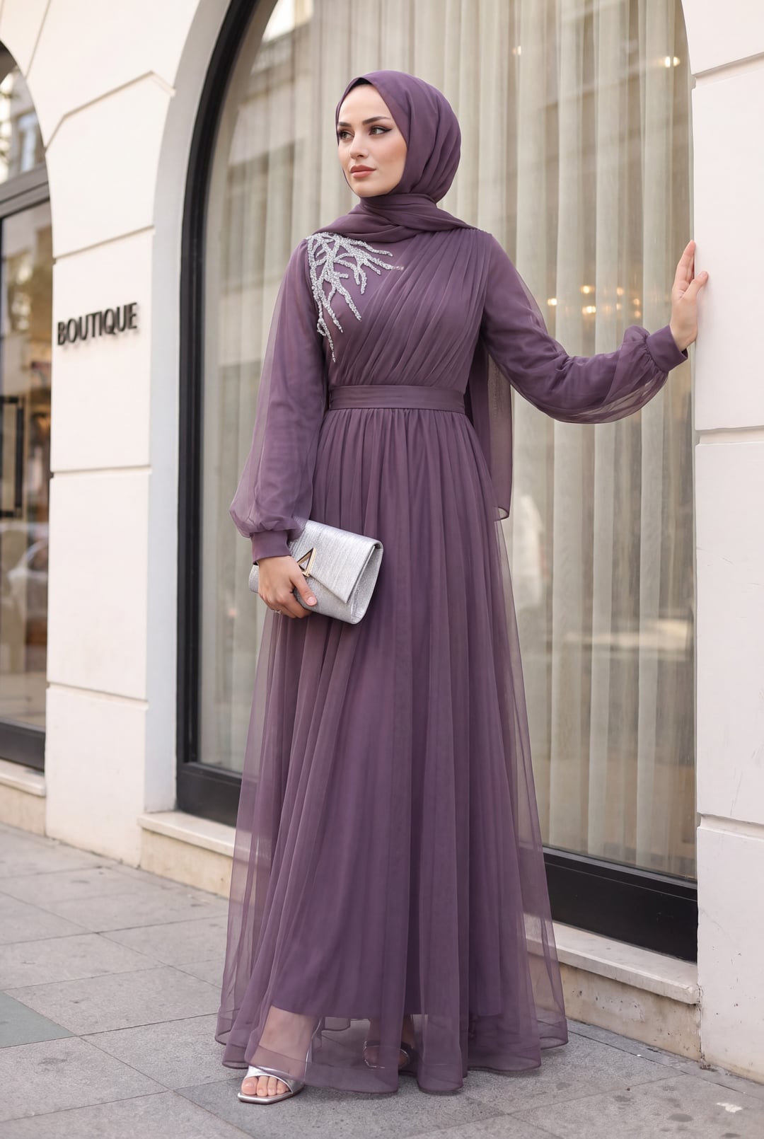 Beaded Draped Belted Tulle Evening Dress - Deep Plum - Podyumplus - by Peralane - photo 3