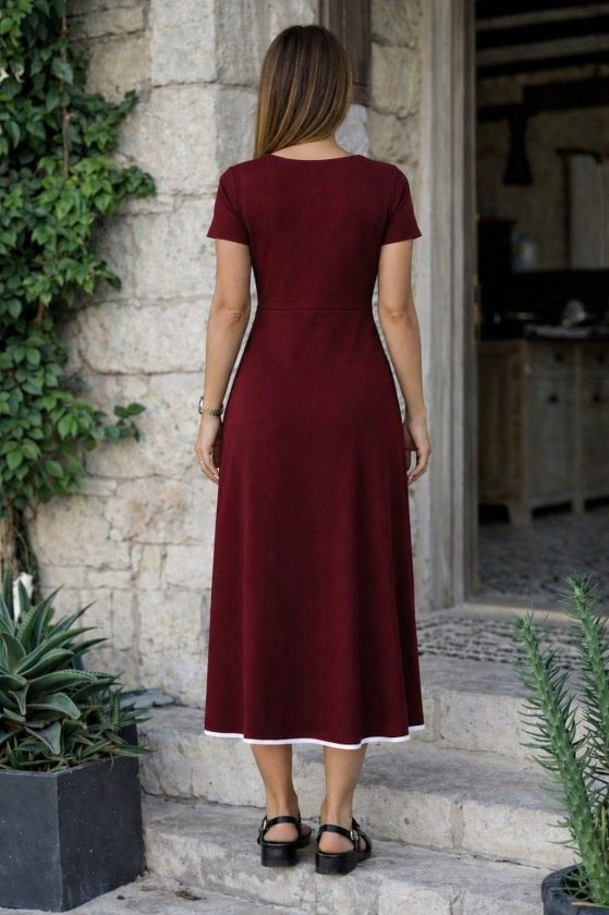 Women's Maroon Short-Sleeve Flared Midi Dress with Front Zipper - Janes - by Peralane - photo 2
