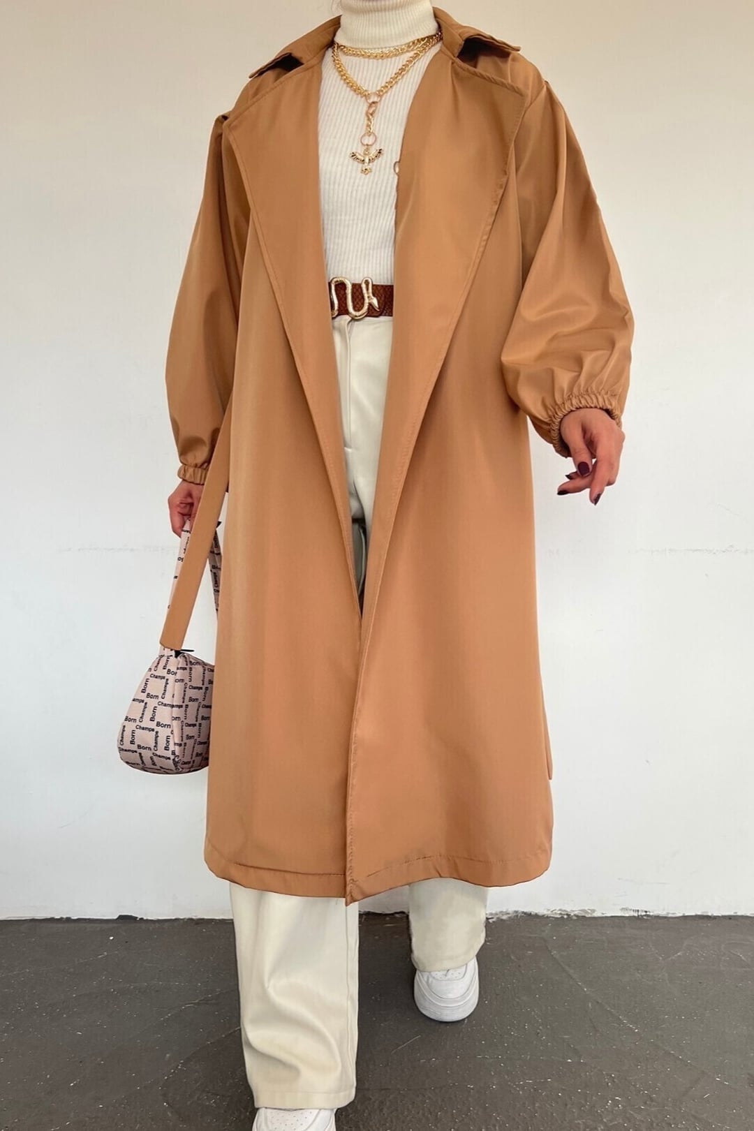 Belted Baloon Sleeve Trench Coat in Tan - Podyumplus - by Peralane