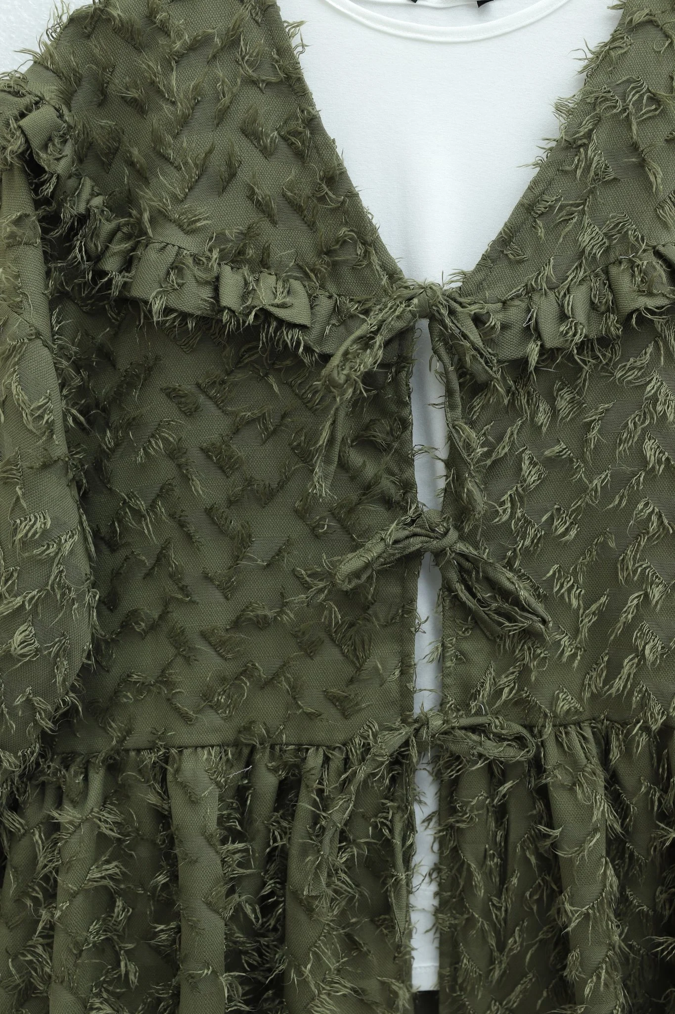 Front Tie Textured Clip Jacquard Kimono - Olive Green - Podyumplus - by Peralane - photo 5