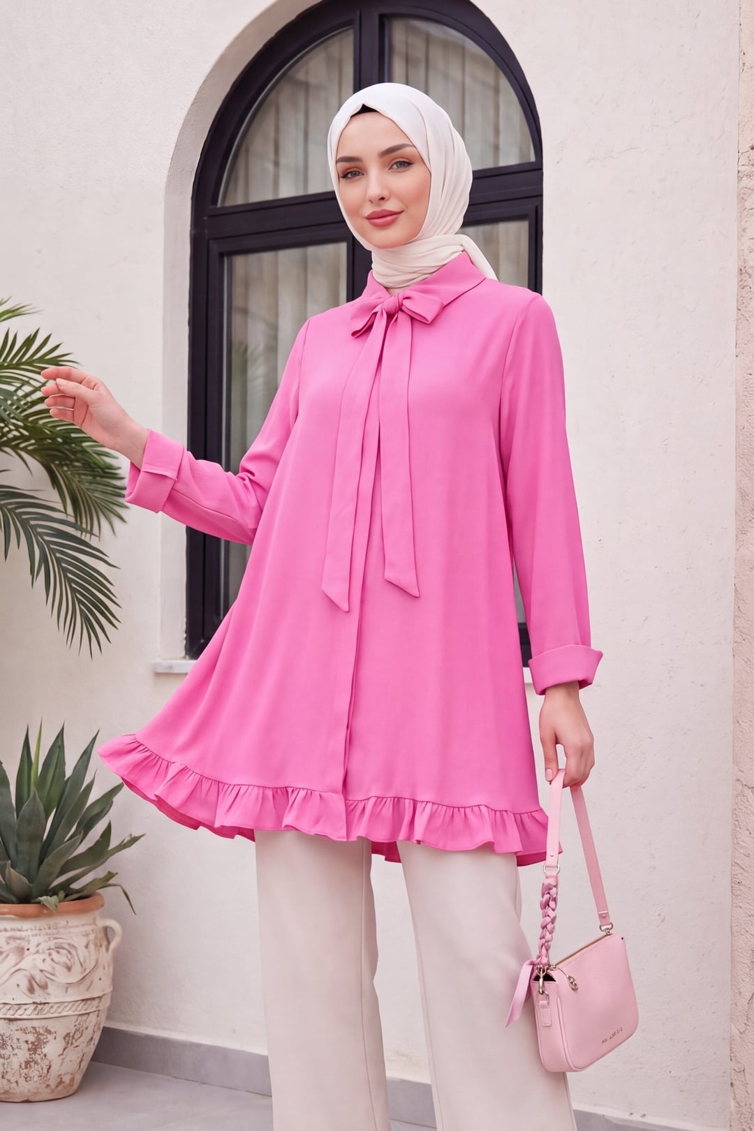 Ruffled Hem Tie Waist Modal Tunic - Pink - Podyumplus - by Peralane