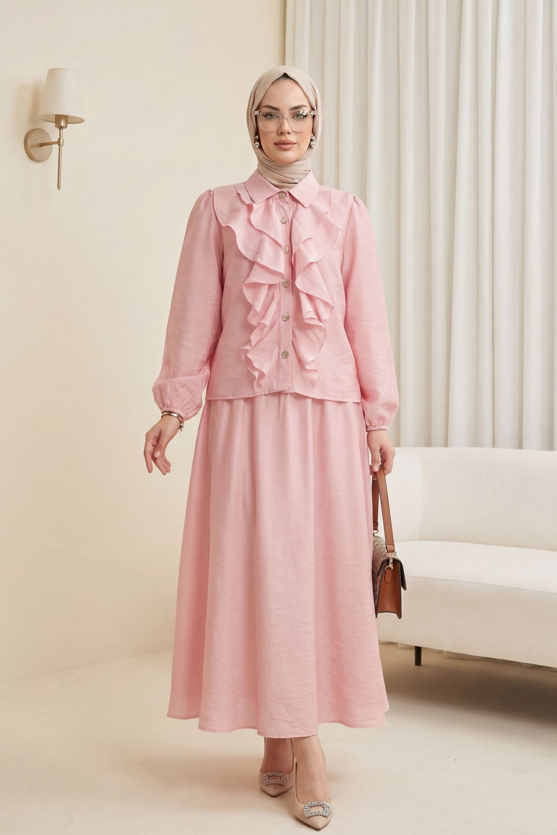 Ruffled Front Blouse and A-Line Skirt Two-Piece Set in Powder Pink - Podyumplus - by Peralane