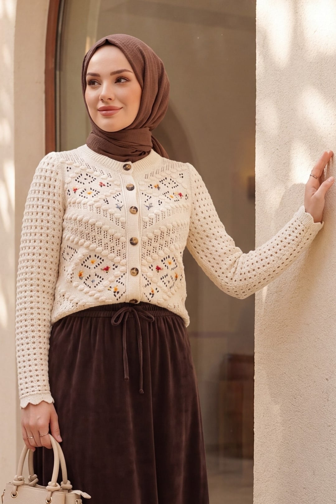 Cream Floral Embroidered Openwork Cardigan - Podyumplus - by Peralane