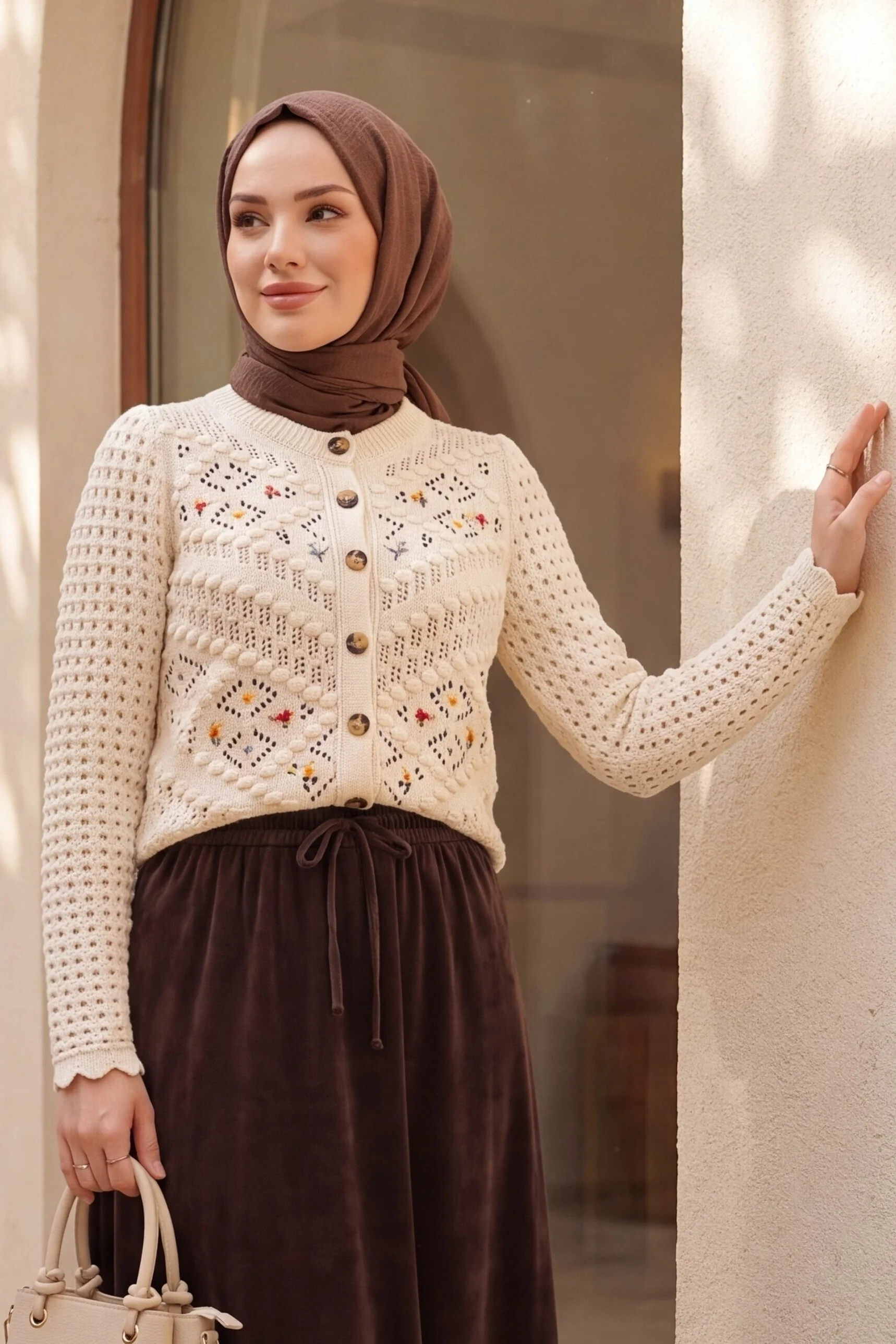 Cream Floral Embroidered Openwork Cardigan - Podyumplus - by Peralane