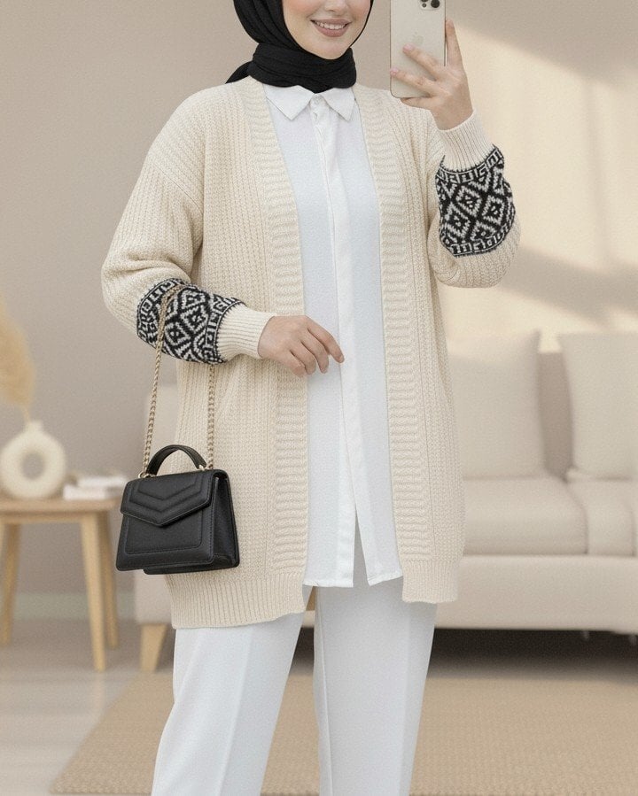 Cream Knit Cardigan with Patterned Sleeves - Podyumplus - by Peralane - photo 7