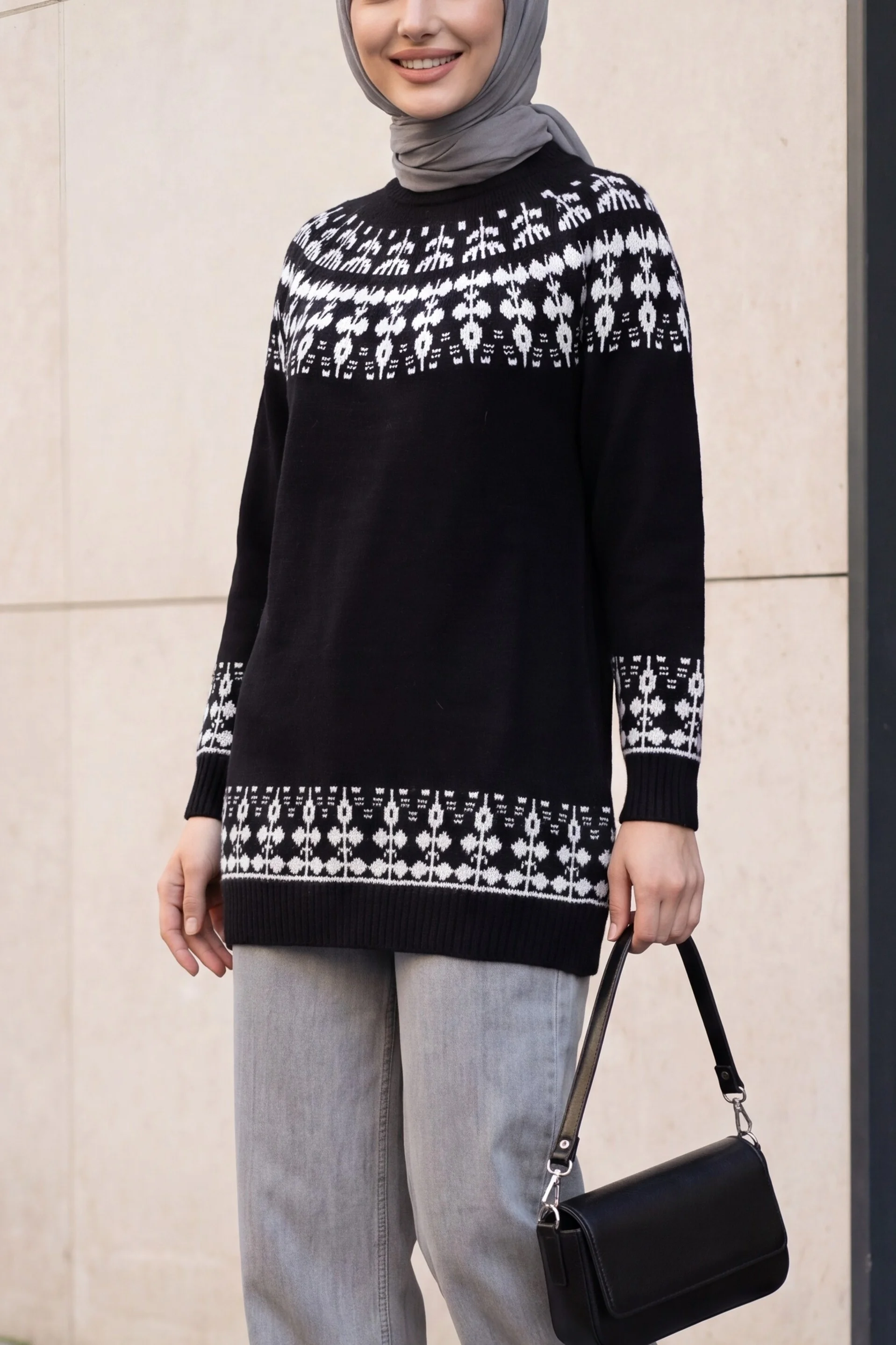 Half Collar Patterned Knit Tunic - Black - Podyumplus - by Peralane
