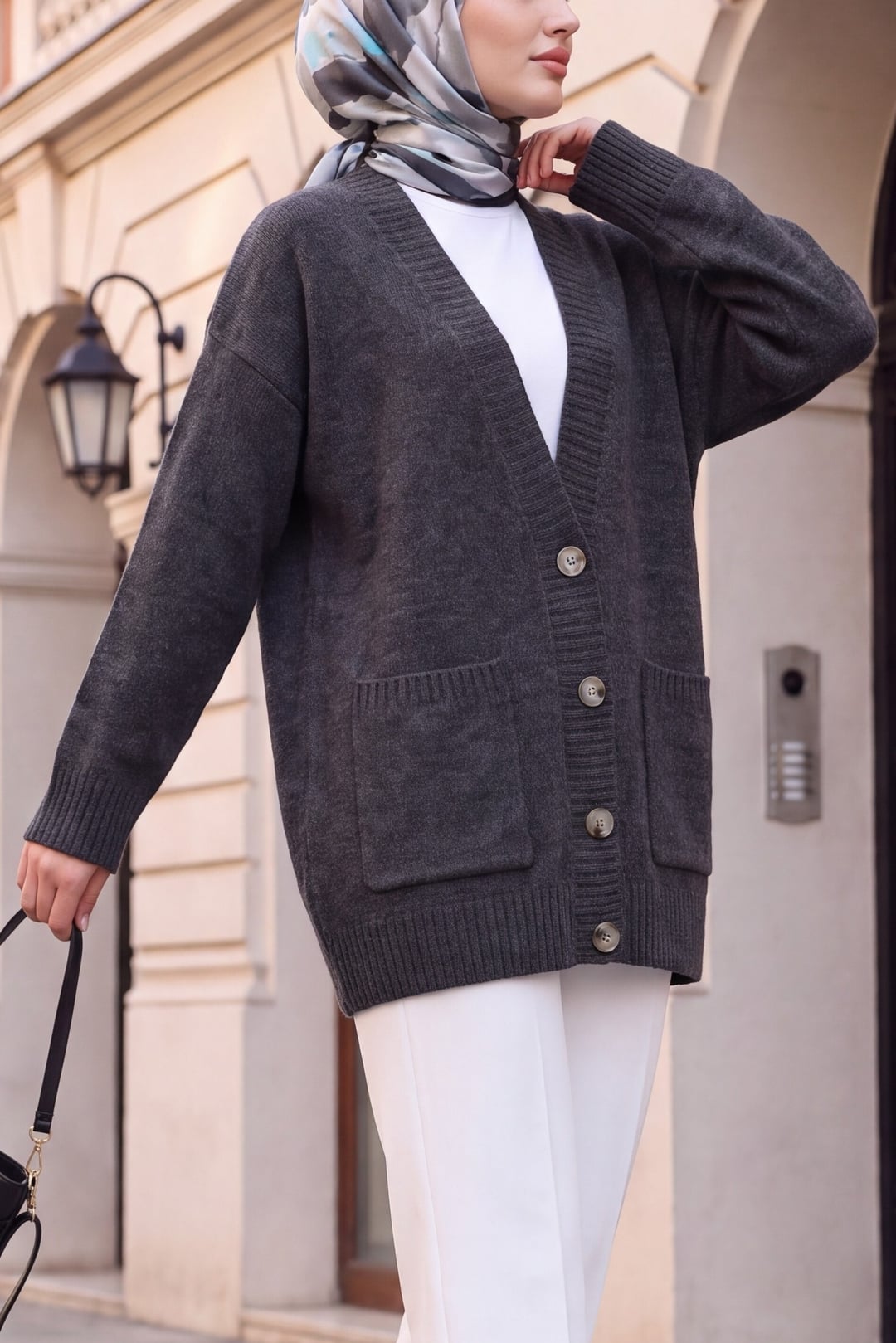 Buttoned Double-Pocket Oversized Knit Cardigan - Smoke - Podyumplus - by Peralane