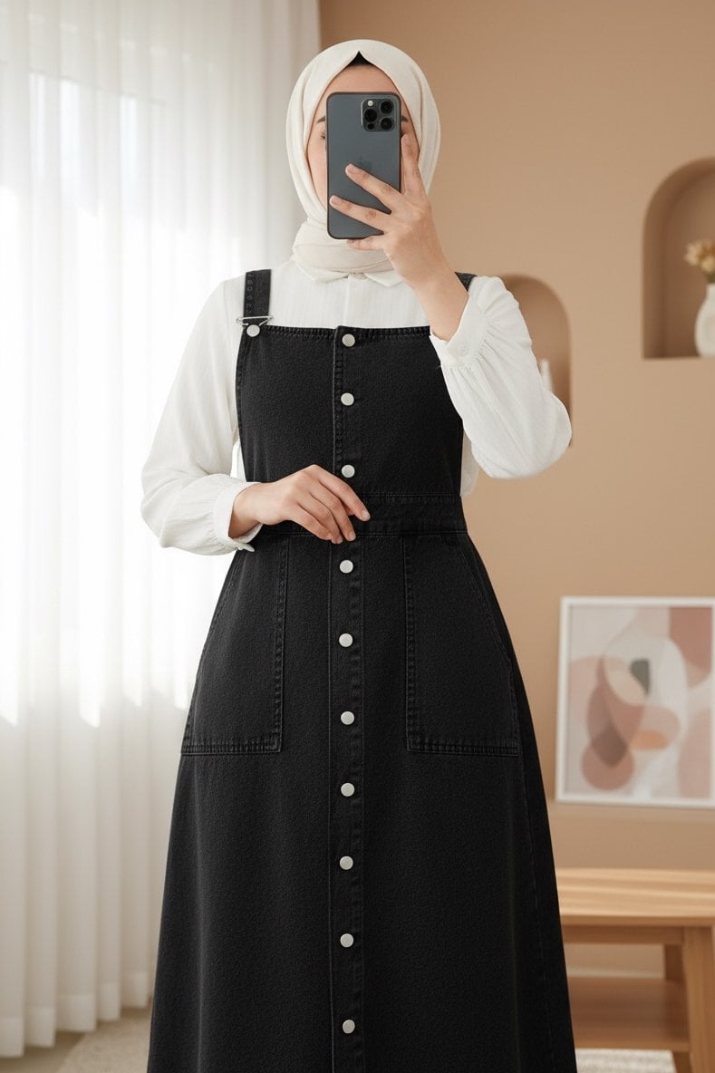 Black Denim Pinafore Dress with Adjustable Straps - Podyumplus - by Peralane - photo 5