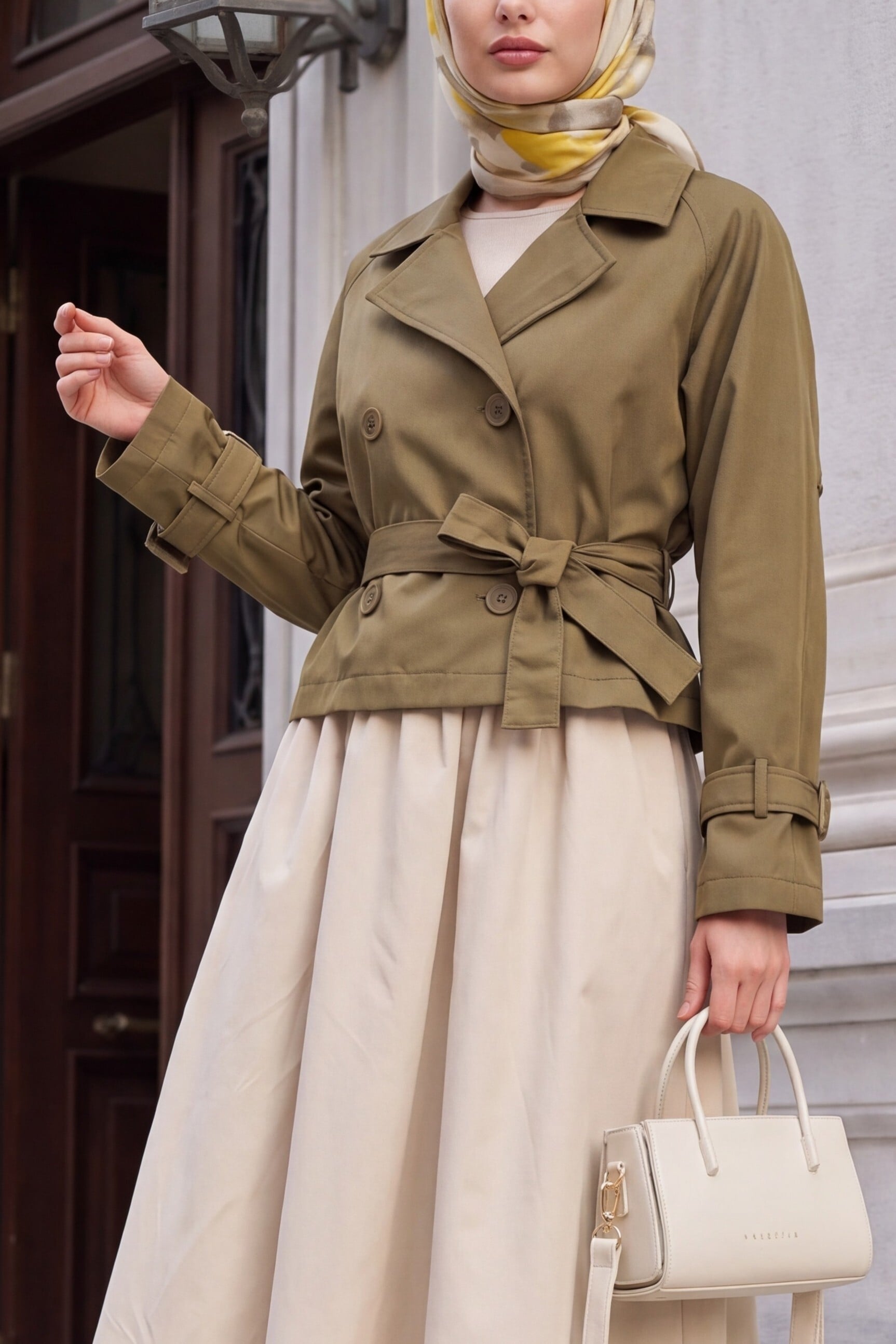 Women's Belted Short Trench Coat in Olive - Wholeskop - by Peralane
