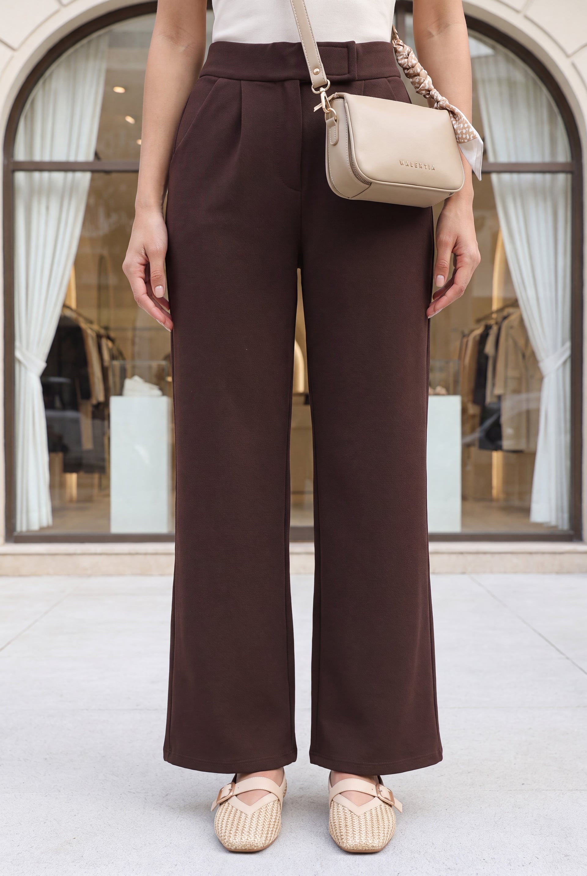 High-Waist Wide-Leg Trousers with Belt - Dark Brown - Podyumplus - by Peralane - photo 3