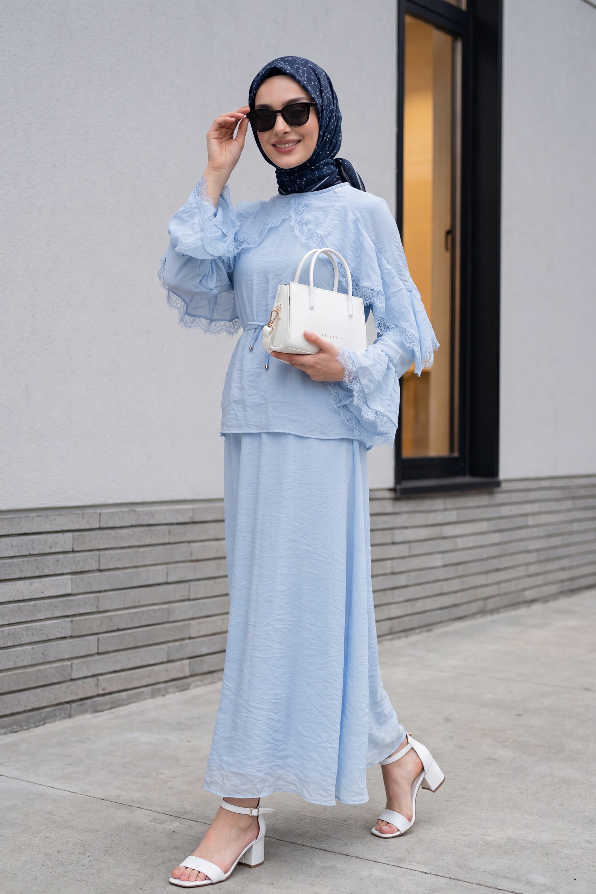 Lace Trim Spanish Sleeve Lined Belted Tulle Voile Skirt Set - Baby Blue - Podyumplus - by Peralane - photo 2