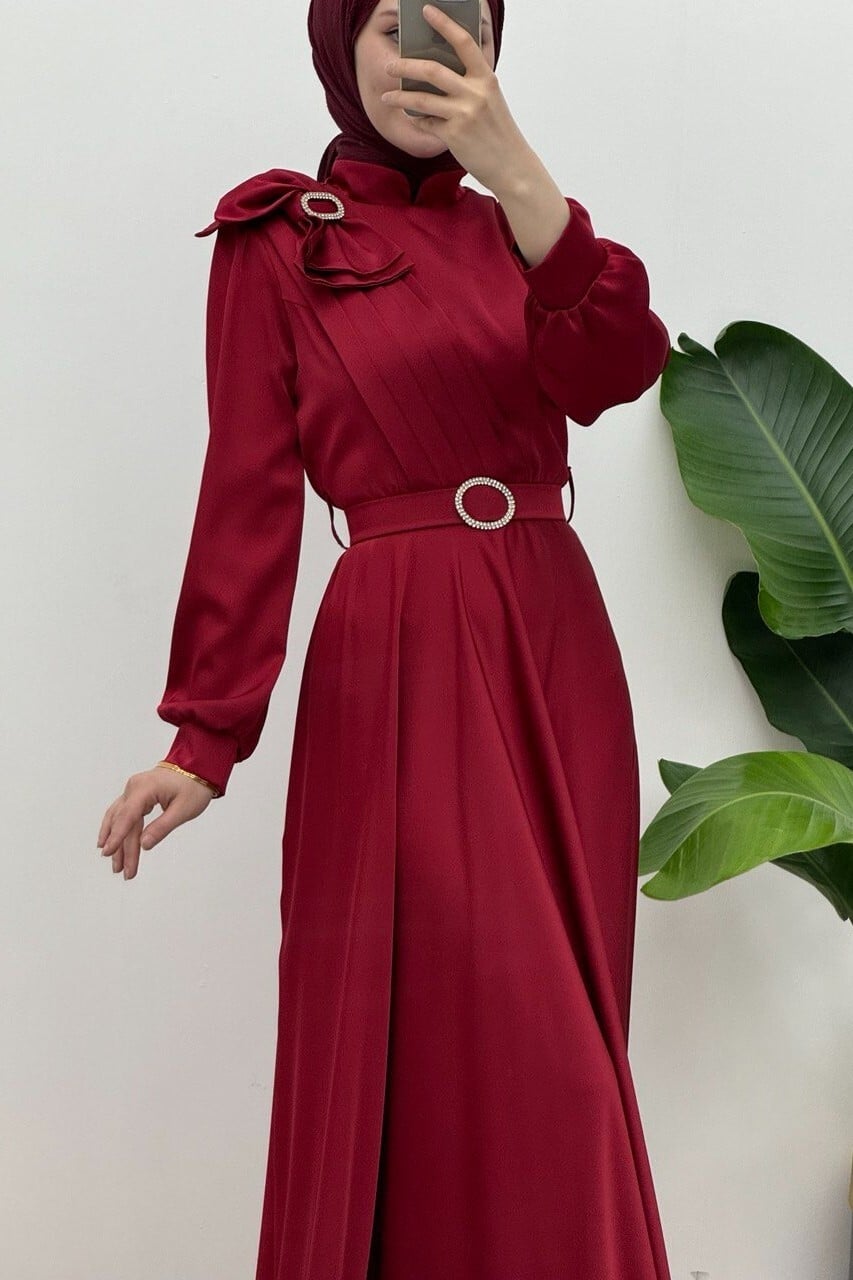Burgundy Satin Evening Dress with Bow and Belt for Women - Podyumplus - by Peralane