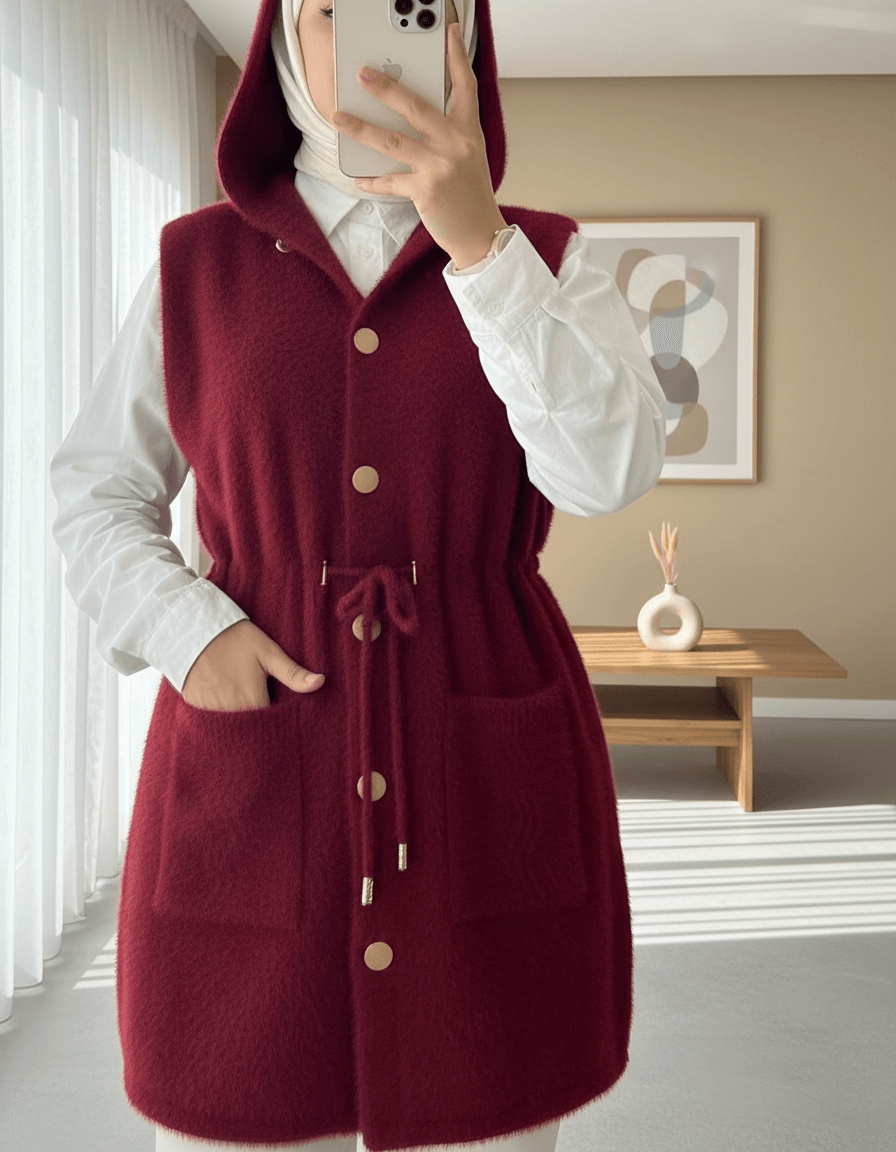Hooded Pocket Drawstring Waist Fringed Vest - Bordeaux - Podyumplus - by Peralane - photo 2