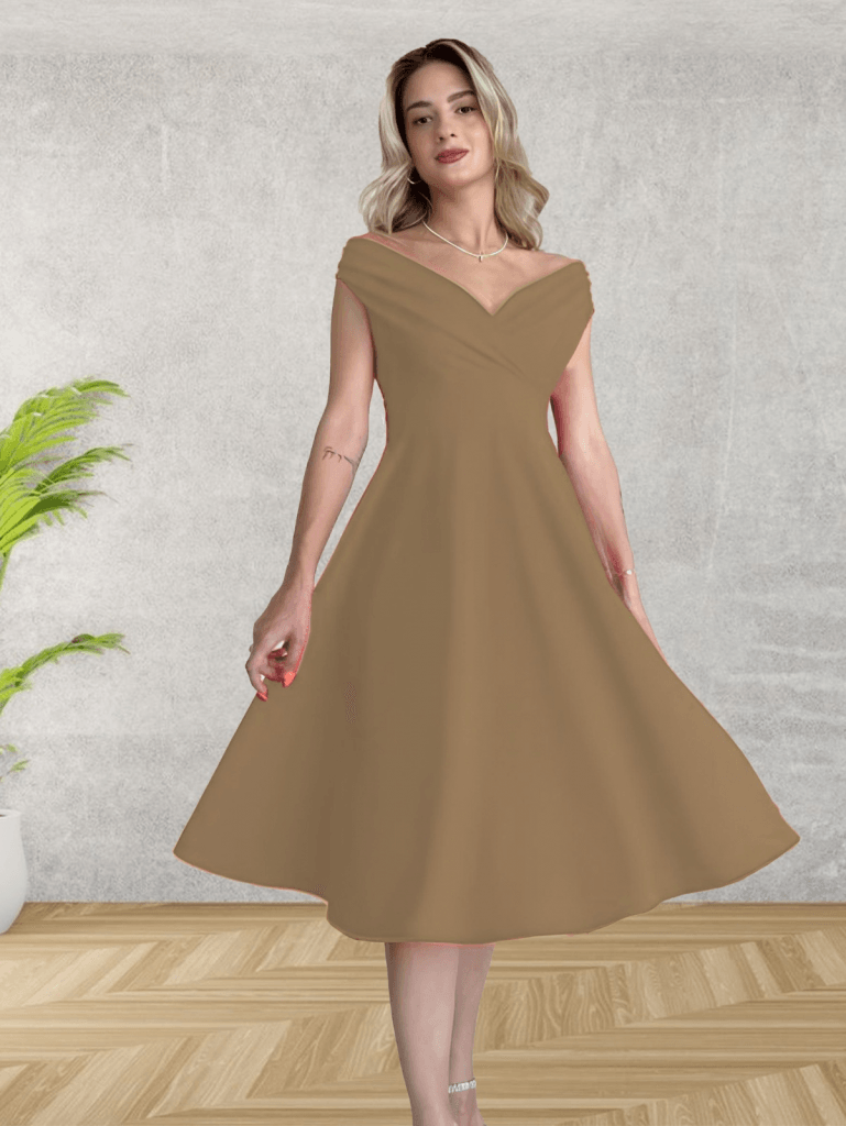 Women's Sleeveless Off-Shoulder Solid Tan Flared Dress - Janes - by Peralane - photo 2