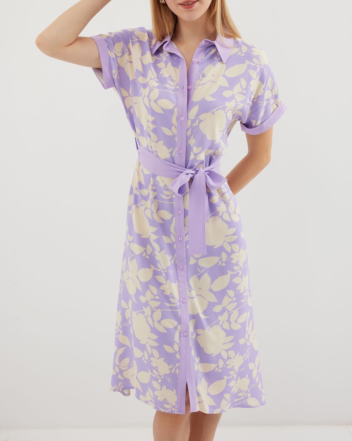 Lavender Floral Print Shirt Dress with Tie Belt - Wholeskop - by Peralane - photo 4