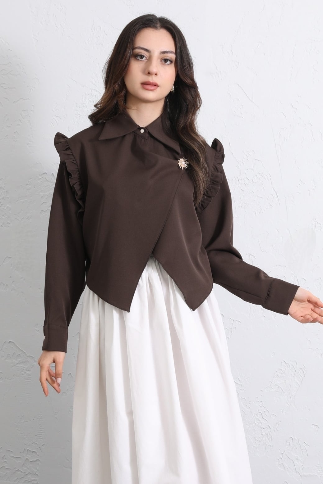 Ruffled Shoulder Wrap Crepe Blouse with Brooch - Brown - Podyumplus - by Peralane - photo 6