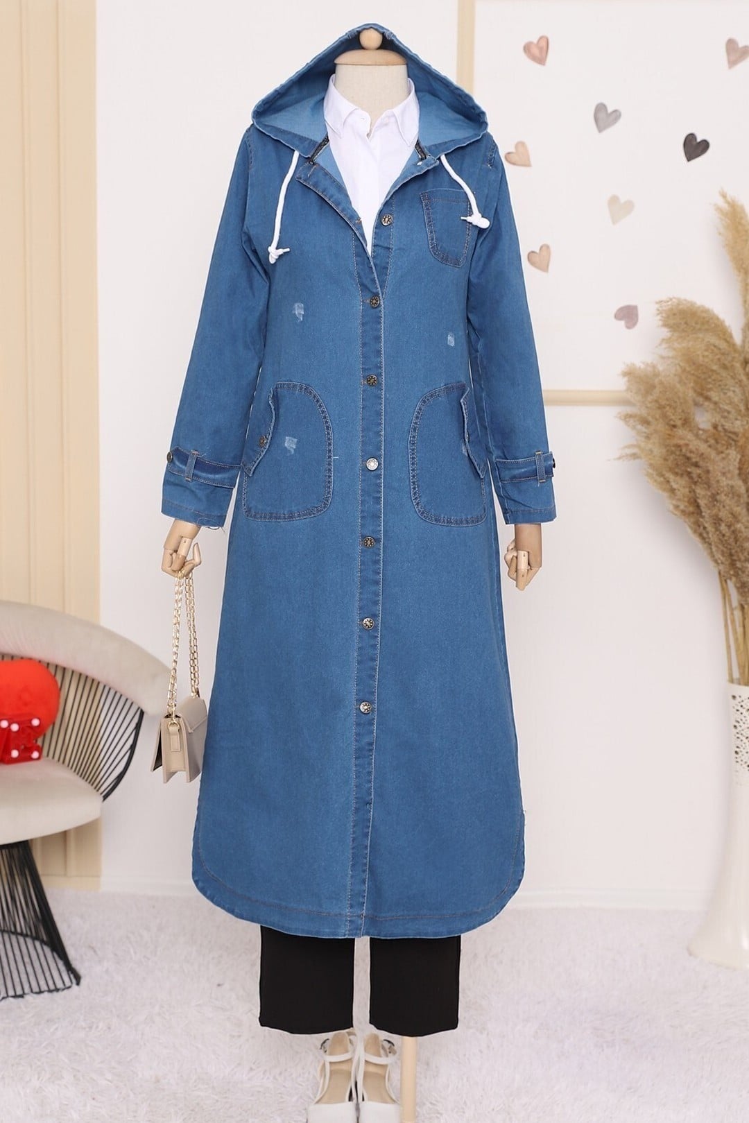 Women's Hooded Long Denim Coat in Dark Navy - Podyumplus - by Peralane - photo 2