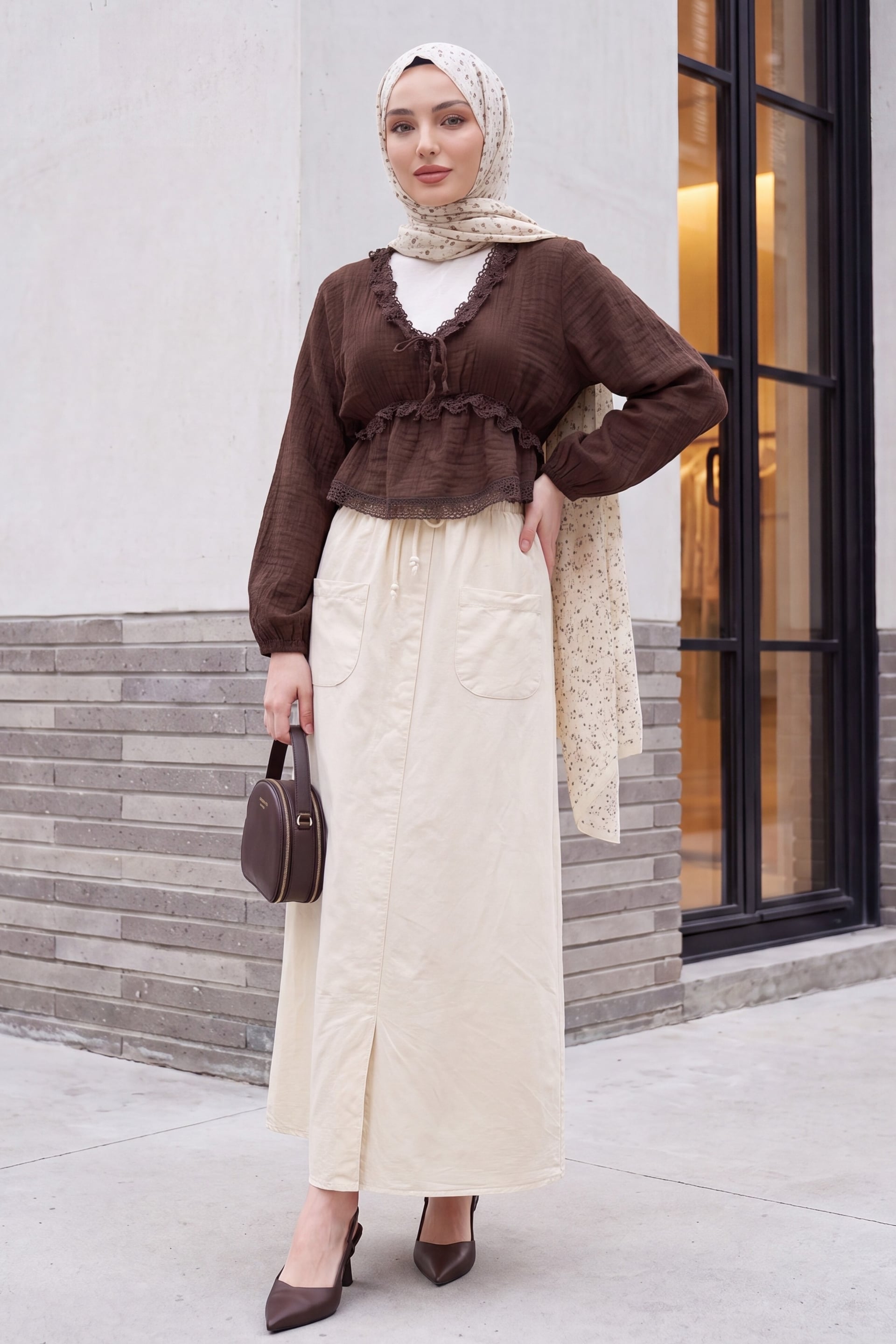 Beige Drawstring Waist Linen-Look Slit Skirt - Podyumplus - by Peralane - photo 3